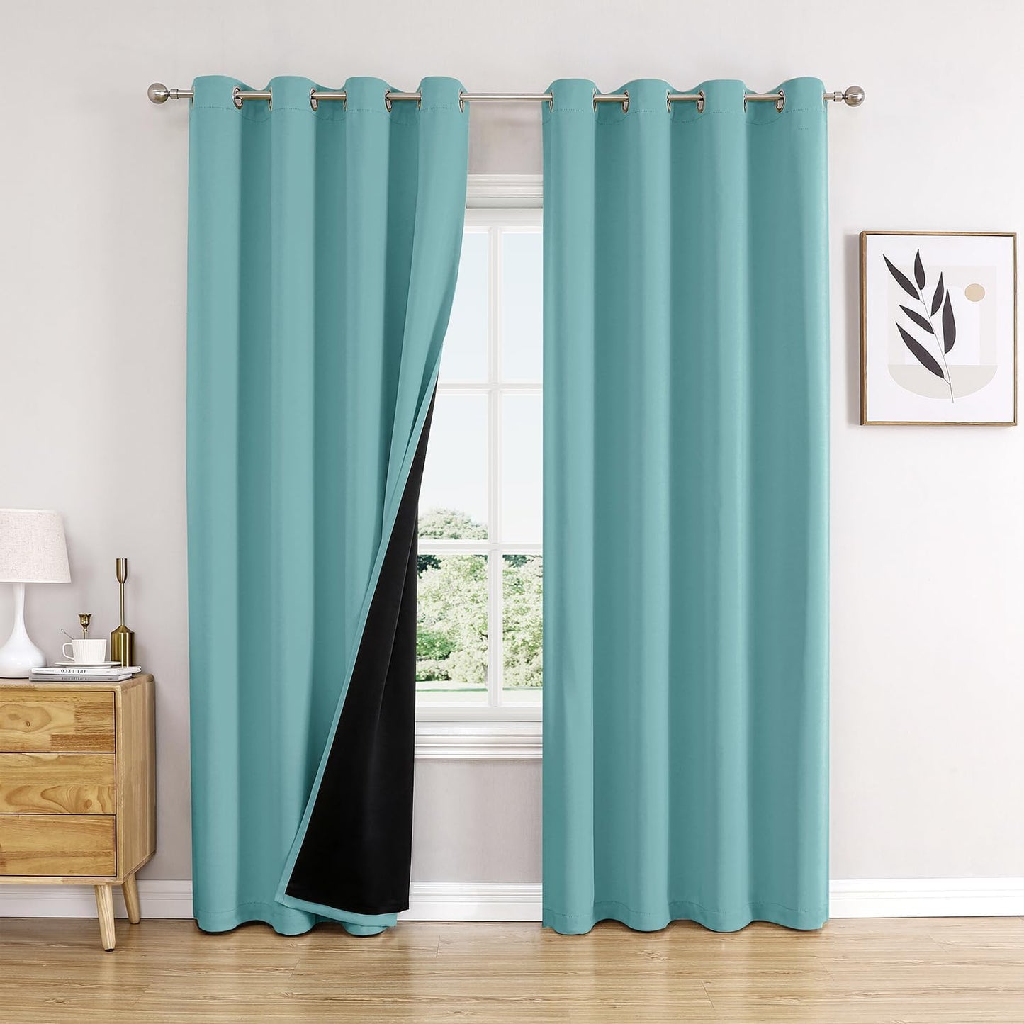 ChrisDowa 100% Blackout Curtains 108 inch Long for Bedroom with Black Liner, 2 Thick Layers Total Blackout Thermal Insulated Grommet Window Curtains 2 Panels Set (Aqua, 52 x 108 Inch)