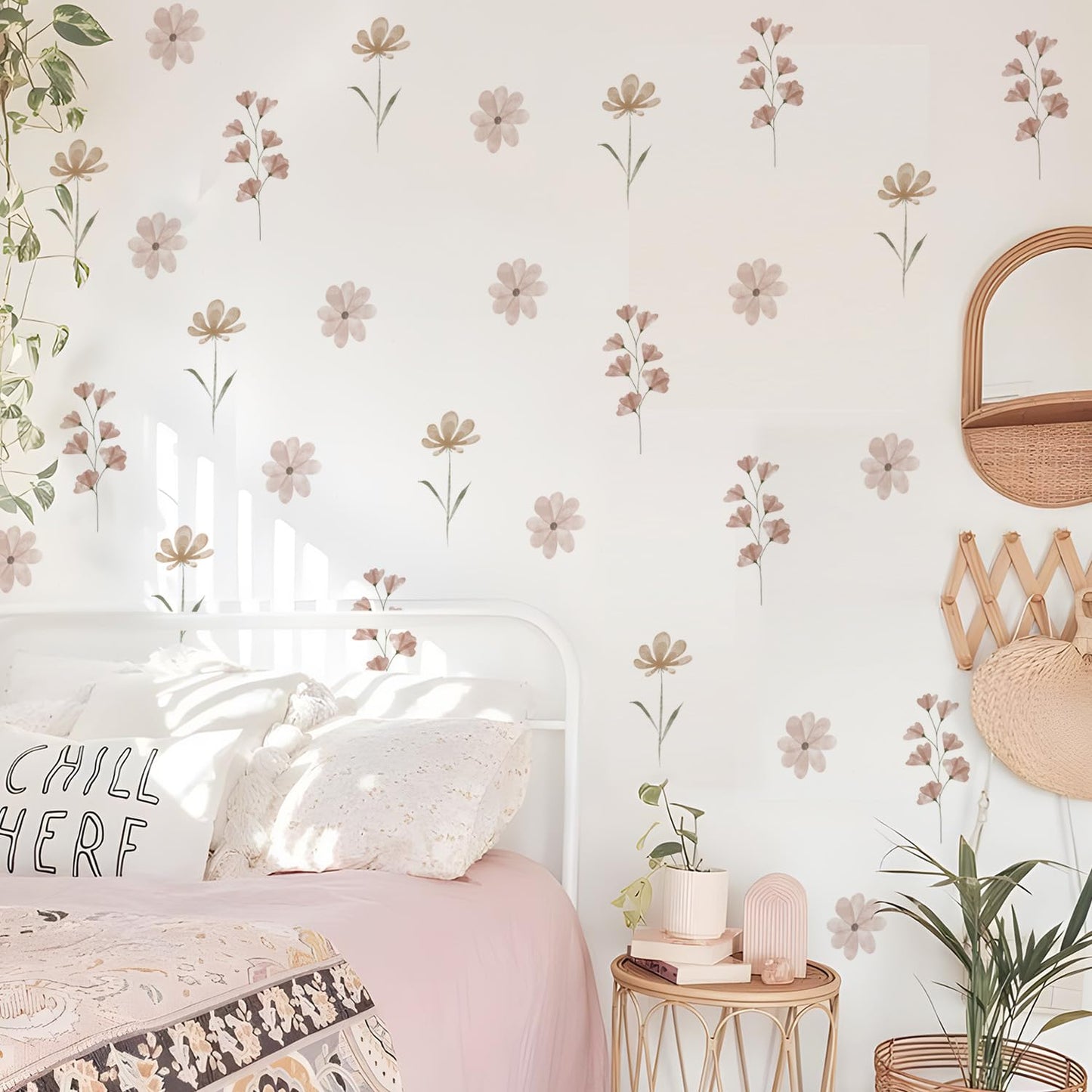 YouRfocus Daisy Wall Decals | 42 PCS Boho Flower Stickers for Girls' Rooms, Playrooms, and Nurseries | Dual Layer Print for High Coverage | Removable Peel and Stick Wall Decor (Pink-B) | 6 Sheets