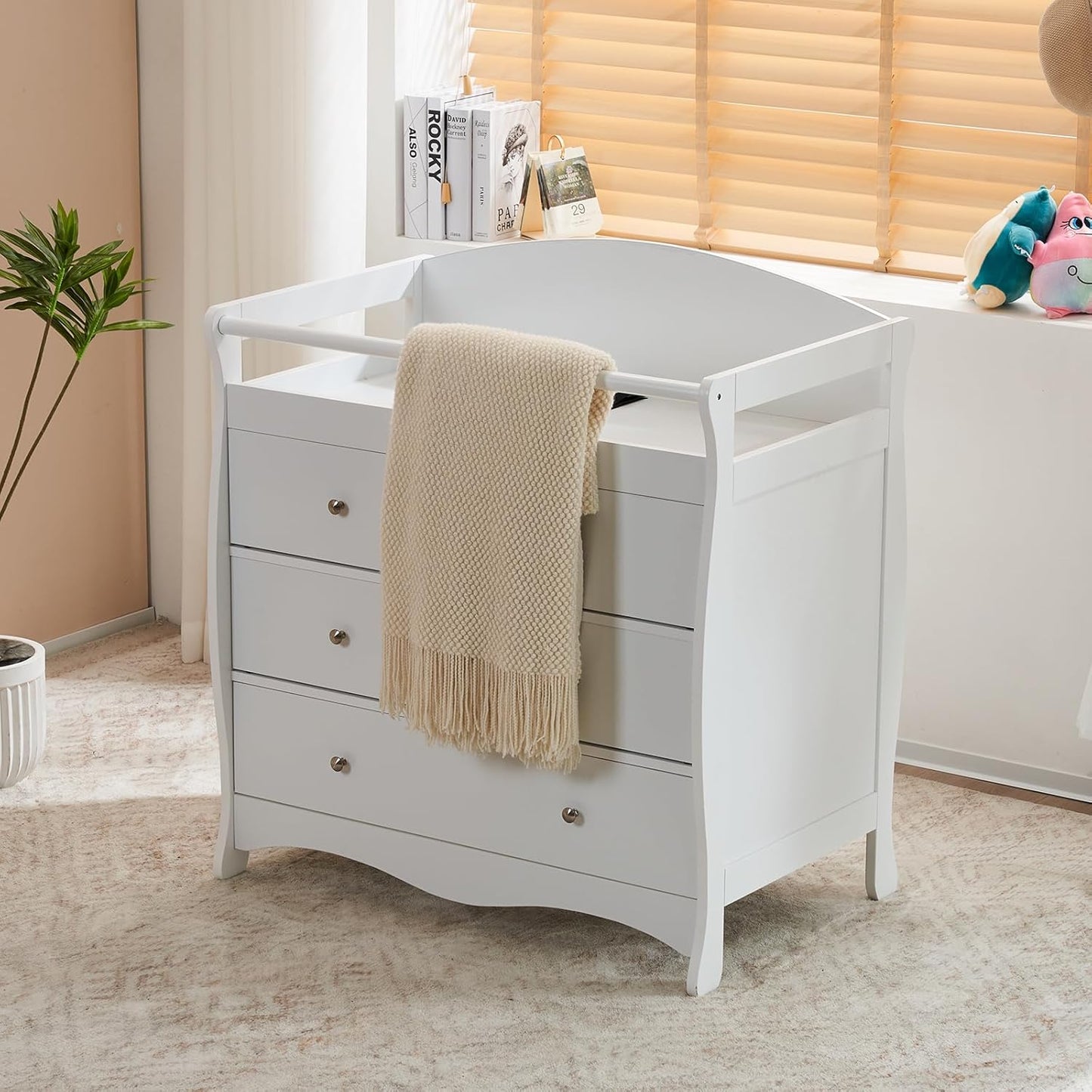 3-Drawer Changing Table, Safety Rails & Strap, Infant Diaper Changing Station with Drawers, Baby Diaper Changing Table Dresser for Nursery, Easy Assembly (White)