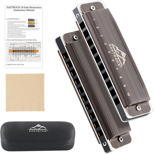 EastRock Harmonica, Blues Harmonica Mouth Organ 10 Hole C Key with Case, Diatonic Harmonica for Professional Player, Beginner, Students, Adult, Friends, Gifts（Brushed Metal）