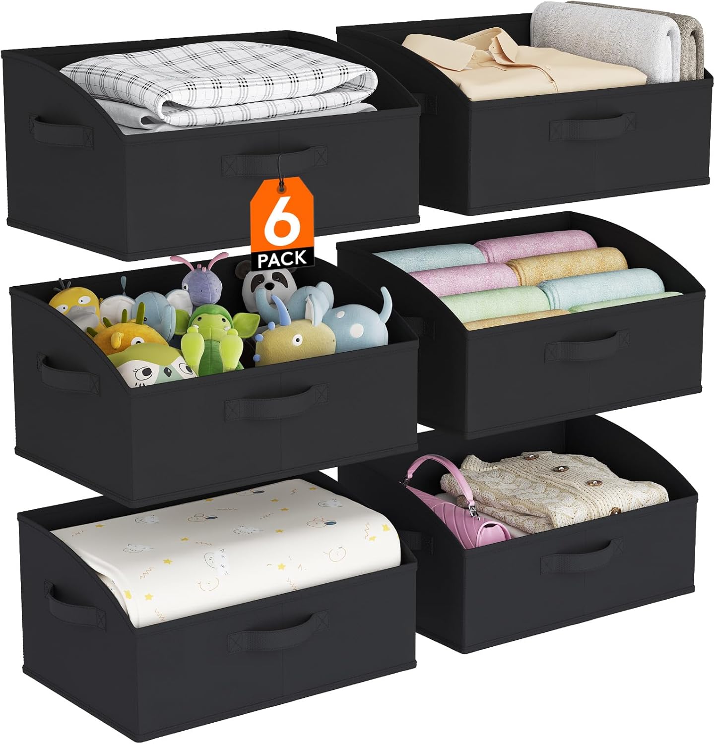 Lifewit Storage Baskets for Shelves, 6 Packs Non-woven Fabric Trapezoid Closet Organizer Bins with Handles, Foldable Clothing Containers Box for Clothes, Toy, Towel, Book, DVD, Hats, Medium-Black