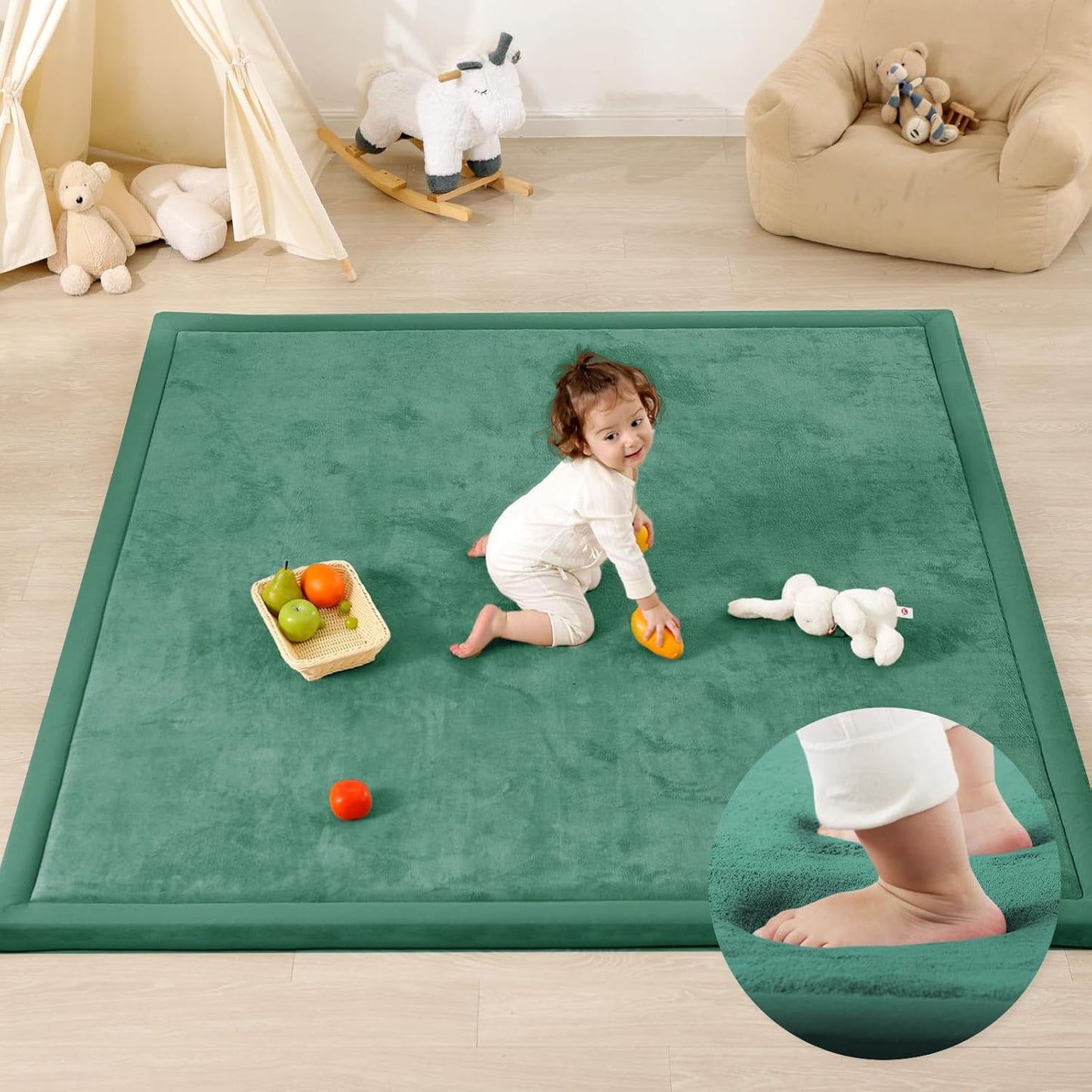 Ultra Soft Baby Play Mat,1.3" Thick Elasti-Foam 59"×71" Playpen Mat for Infants,Toddlers,Kids,Water-Repellent Coral Fleece Nursery Rug,Non-Slip Safe for Tummy Time&Crawling(Emerald)