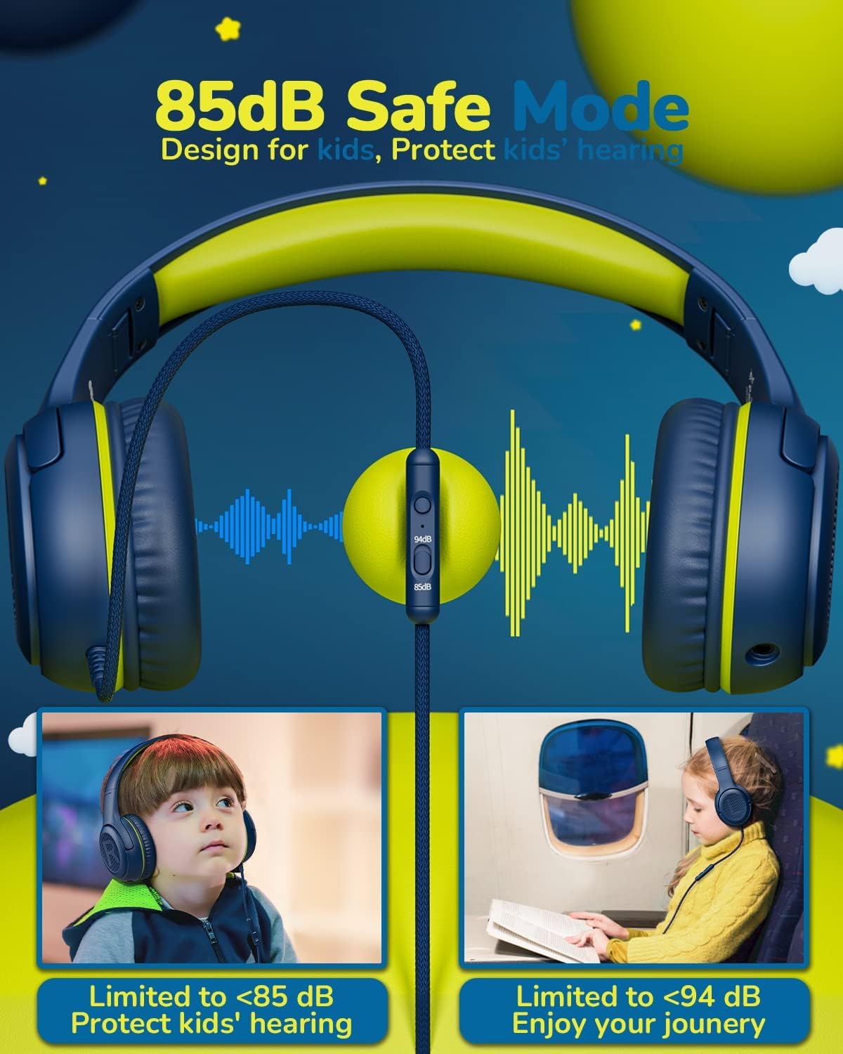 Kids Headphones Wired Toddler Headphones with Microphone - Over-Ear Headphones, 85/94dB Volume-Limiting, 3.5mm Jack Foldable On-Ear Design, Safe Comfortable for Boys Girls Learning Entertainment Black