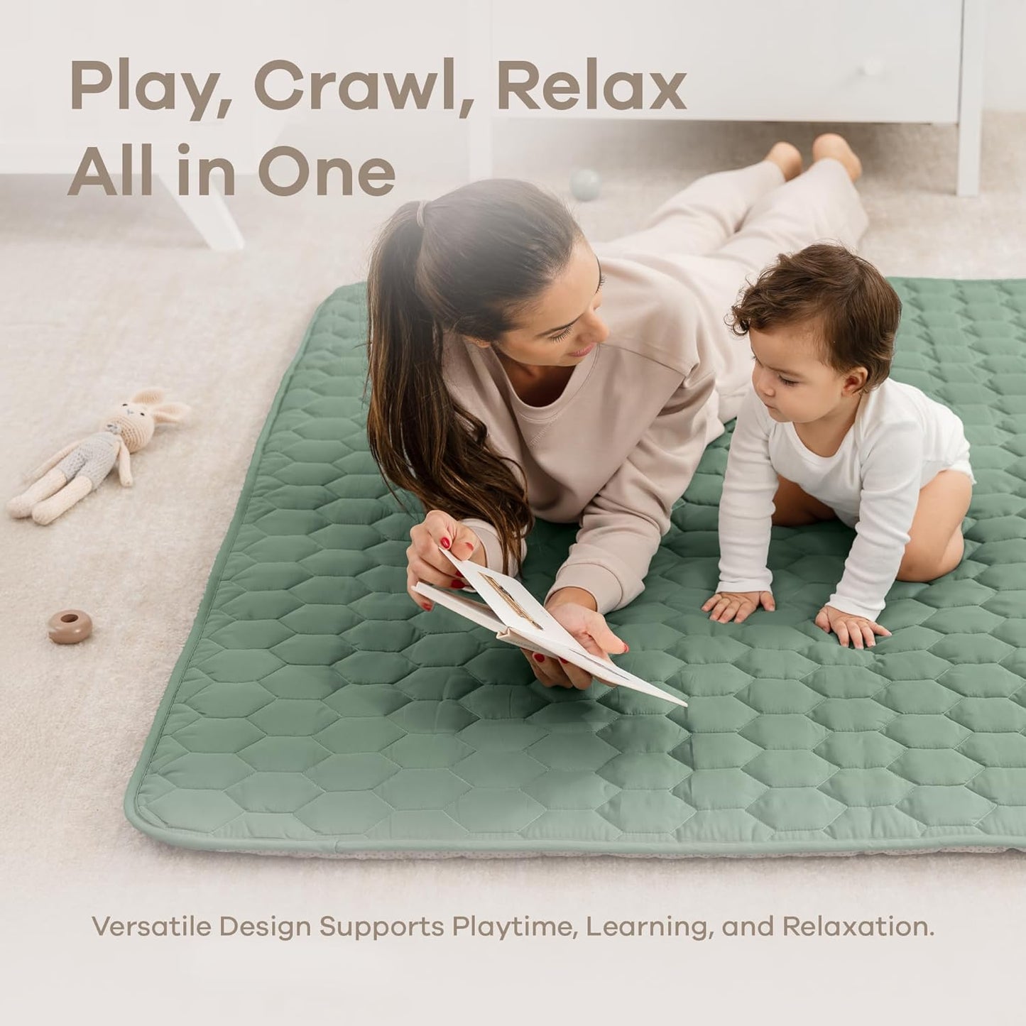 Comfy Cubs Square Kids Play Mat - 56 x 56 inches Soft Quilted Baby Floor Mat with Non-Slip Bottom - Plush Design for Toddlers' Playtime and Relaxation - Comfortable and Durable - Fern