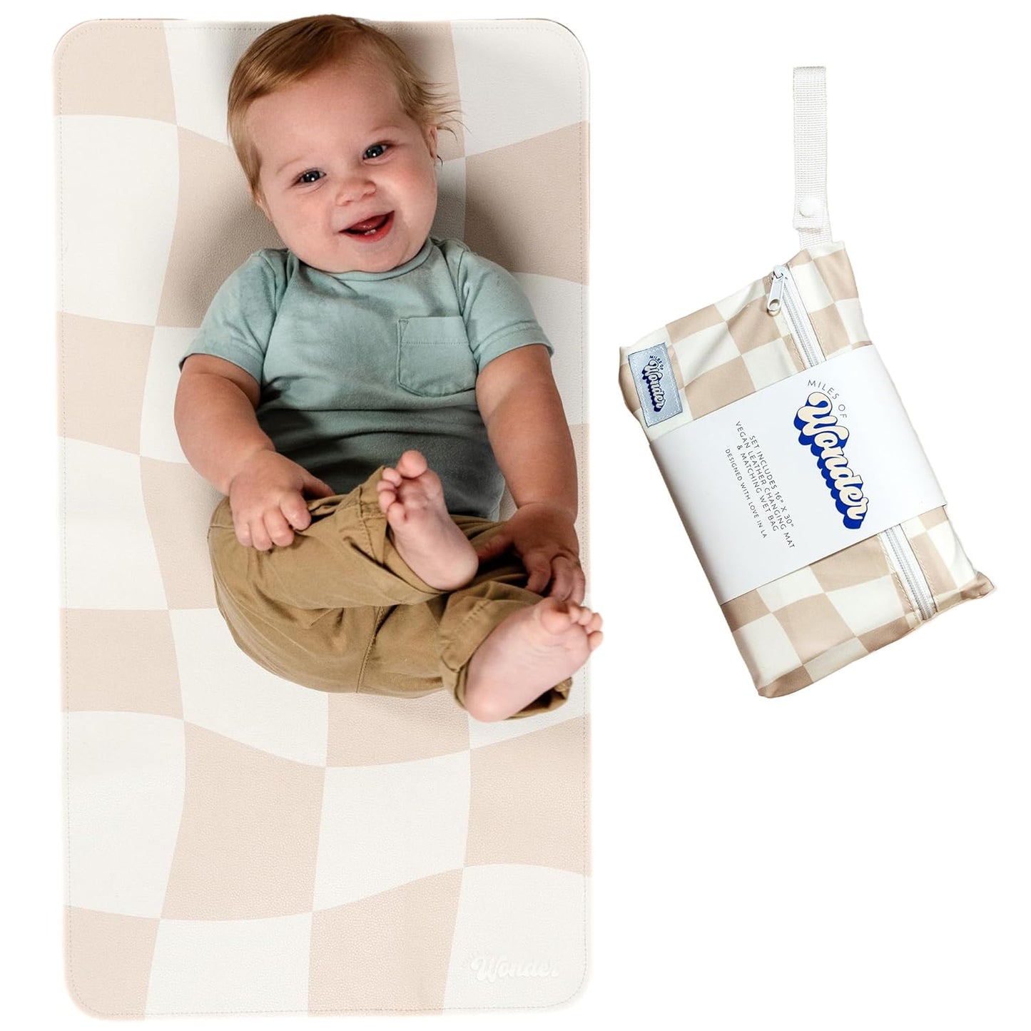 Leather Changing Mat with Reusable Waterproof Wet Bag, (16 x 30 Inches) Baby Changing Mat, Non-Toxic Changing Pad Portable Folds and Wipes Clean, Baby Changing Pad Travel (Checkered)