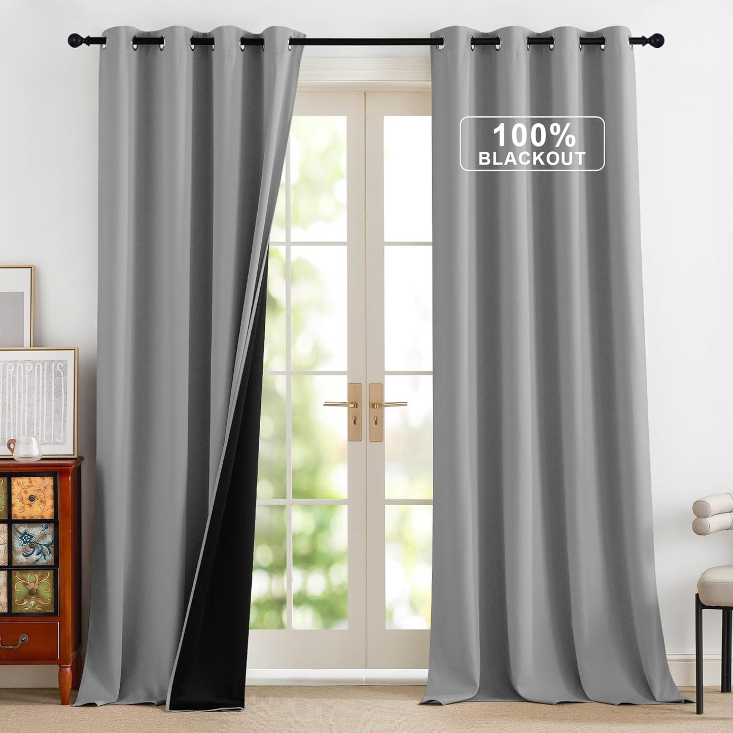 NICETOWN Sliding Door Curtains 96 inches Long for Living Room - Grommet Privacy 100% Blackout Drapery Thermal Insulated Curtains for Bedroom, 1 Pair, 52W x 96L, Silver Grey