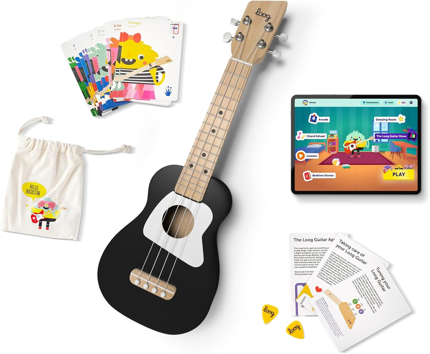 Loog Wood Soprano Ukulele for Kids & Beginners, App & Lessons, All Ages (Black)