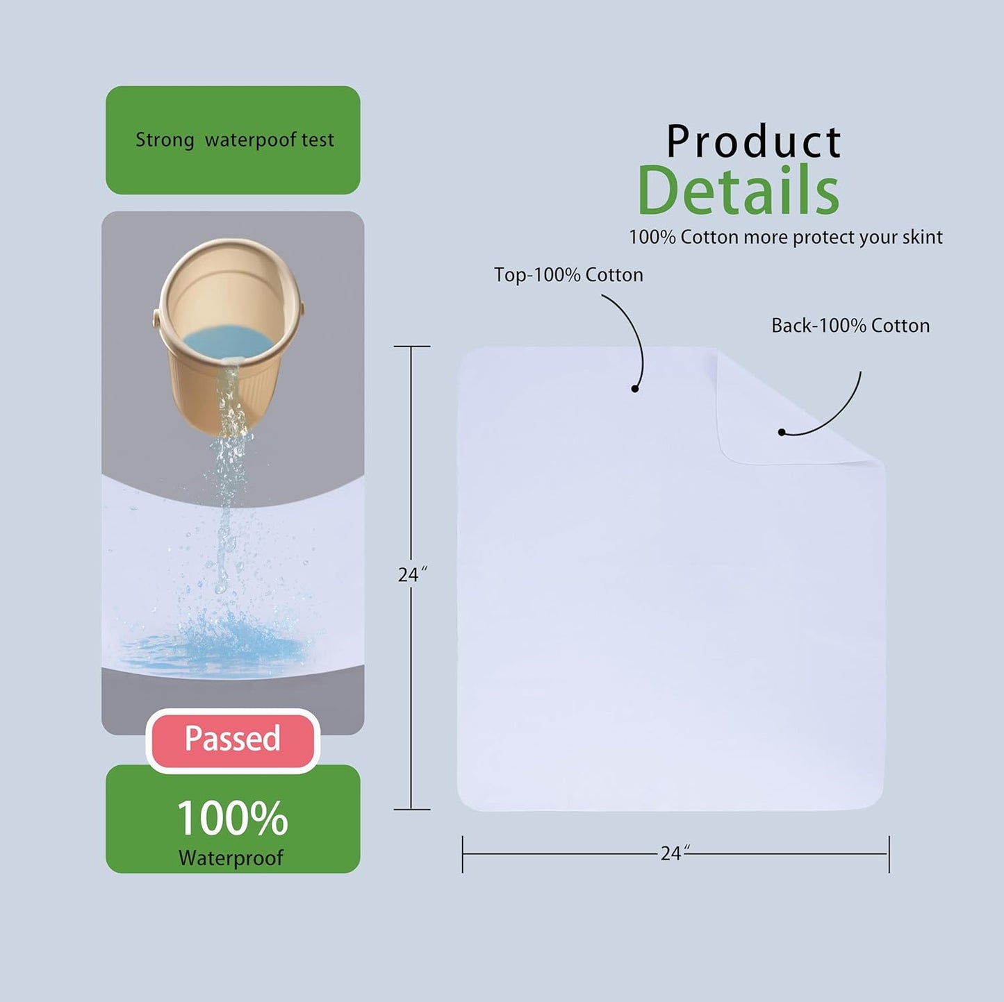 Washable Underpads, 24" x 24" (Pack of 2) Extra Heavy Absorbency , 100% Waterproof Mattress Protector,Flannel Cotton Underpads for Kids, Adults,Pets,Bed, Couch, Sofa, Floor,Home