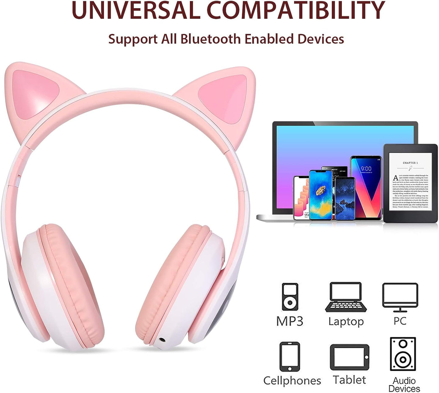 TCJJ Kids Wireless Headphones - Cat Ear LED Light Up, Bluetooth 5.4, Safe Volume Limit, Noise Cancelling with Mic & TF Card for Girls Boys Toddlers School (Pink)