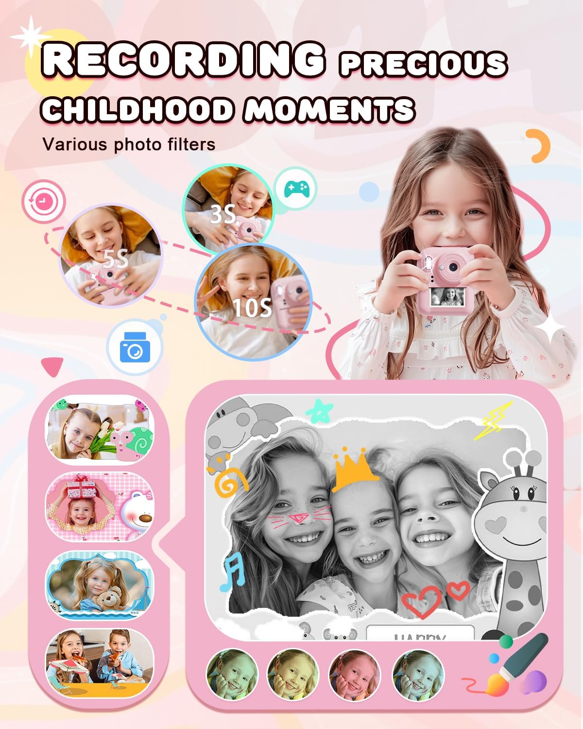 JOYJAM Kids Camera Instant Print, Upgrade Dual-Lens Selfie Digital Camera for Kids, HD 1080P, Christmas Birthday Gifts Toys for Girls Age 3-12, Toddler Portable Toy with SD Card 3 Rolls Print Paper