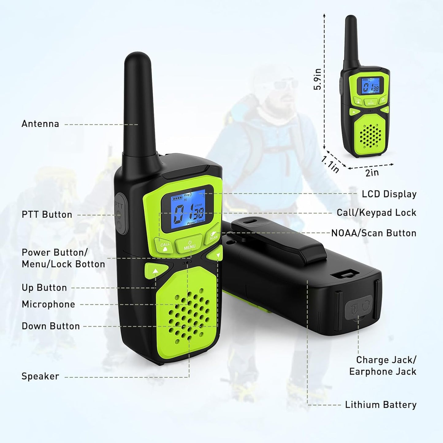 WokTok Adult Walkie Talkies Long Range Rechargeable Portable Two-Way Walkie Talkie, Camping Gear, SOS Sirens, NOAA Weather Alarms, Kid's Toys, Easy-to-Use Walkie Talkies,2 Packs(No Batteries)