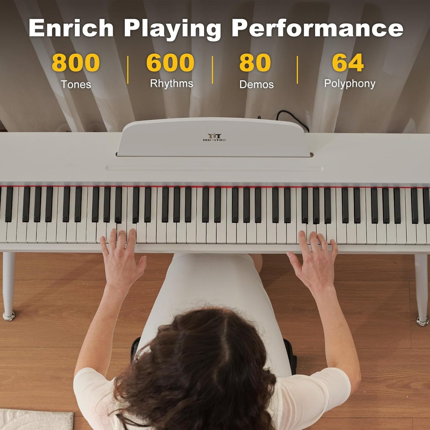 MUSTAR 88 Key Piano Keyboard with Piano Bench, Digital Piano 88 Semi Weighted Keys, Portable Electric Piano with Storage Stool, 3 Pedals, Built-In Speakers, USB/MIDI, White