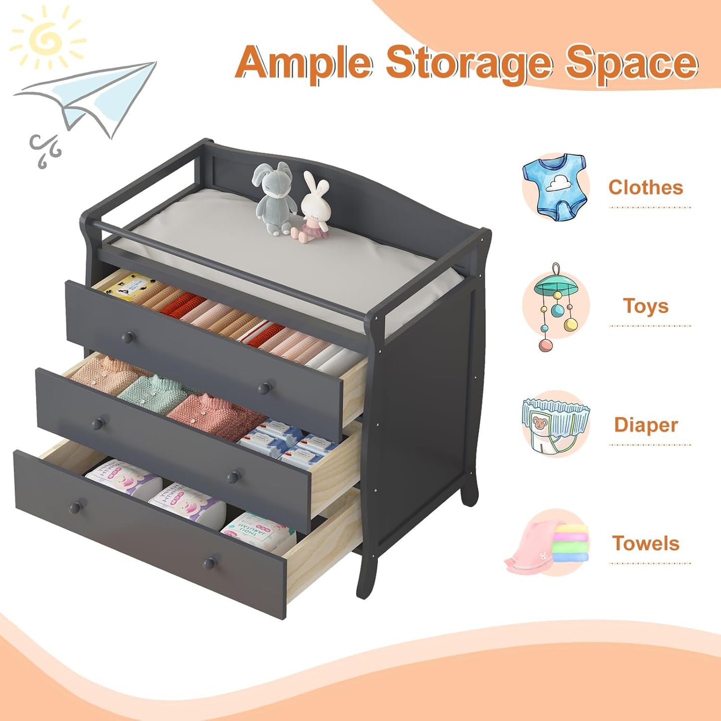 Garvee Wooden Diaper Changing Table,Baby Diaper Changing Station Infant Nursing Table with 3 Drawers, Safety Rail & Strap,Modern Baby Changing Table for Bedroom, Nursery