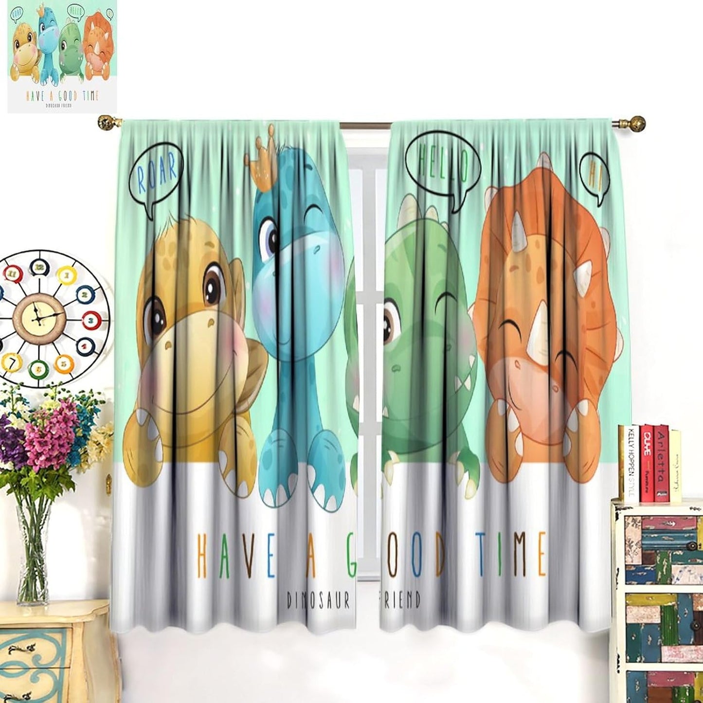 Kids Dinosaur Curtains for Boys Girls Bedroom Decor Cartoon Dino Colorful Cute Funny Animal Printed Blackout Rod Pocket Window Drapes for Baby Nursery Playroom Living Room W21xL45in 2 Panels