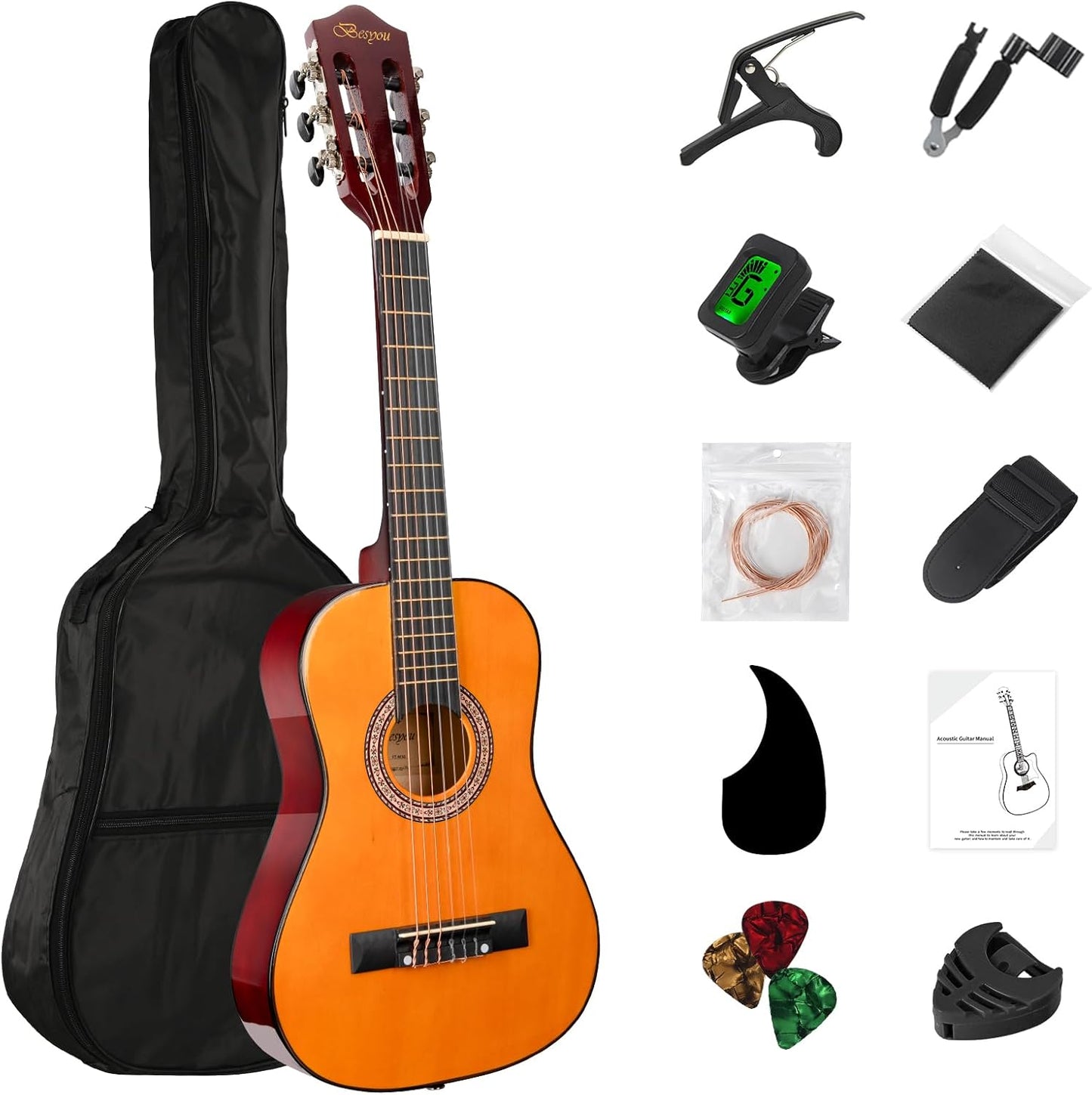 30in Beginner Kids Acoustic Guitar Basic Starter Kit Tuner Capo Strings Winders Strap Picks Student Youth Toddler Guitar Pickguard with Gig Bag Orange