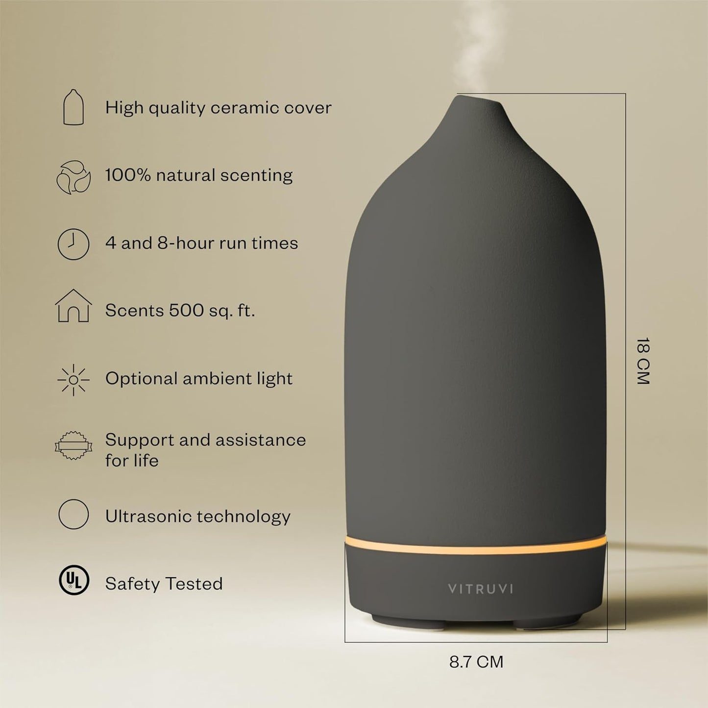 Vitruvi Stone Ceramic Ultrasonic Essential Oil Diffuser for Aromatherapy | Home Decor, 90ml Capacity