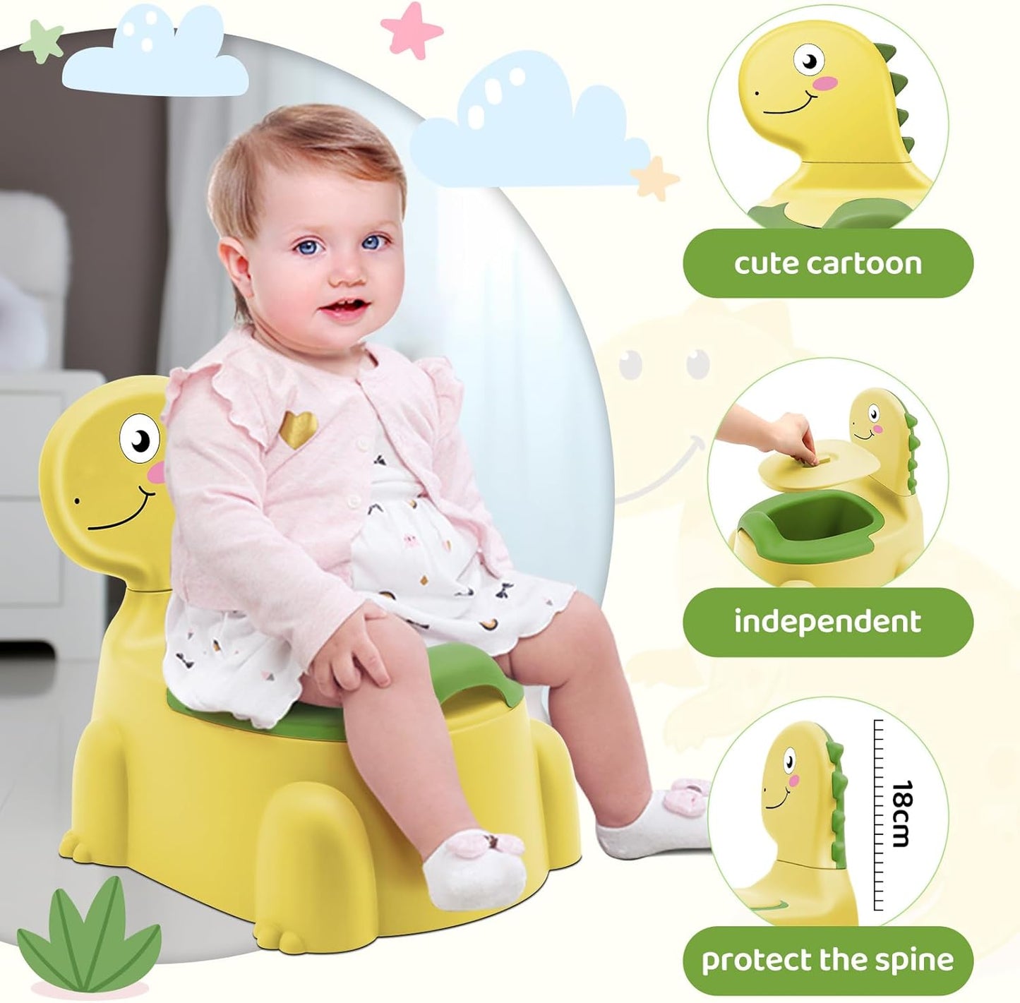 Potty Seat Baby Training Chair Boys Girls Toddler Dinosaur Comfortable children 1-5 years old Baby toilet Animal seat with lid back potty trainer (Yellow)