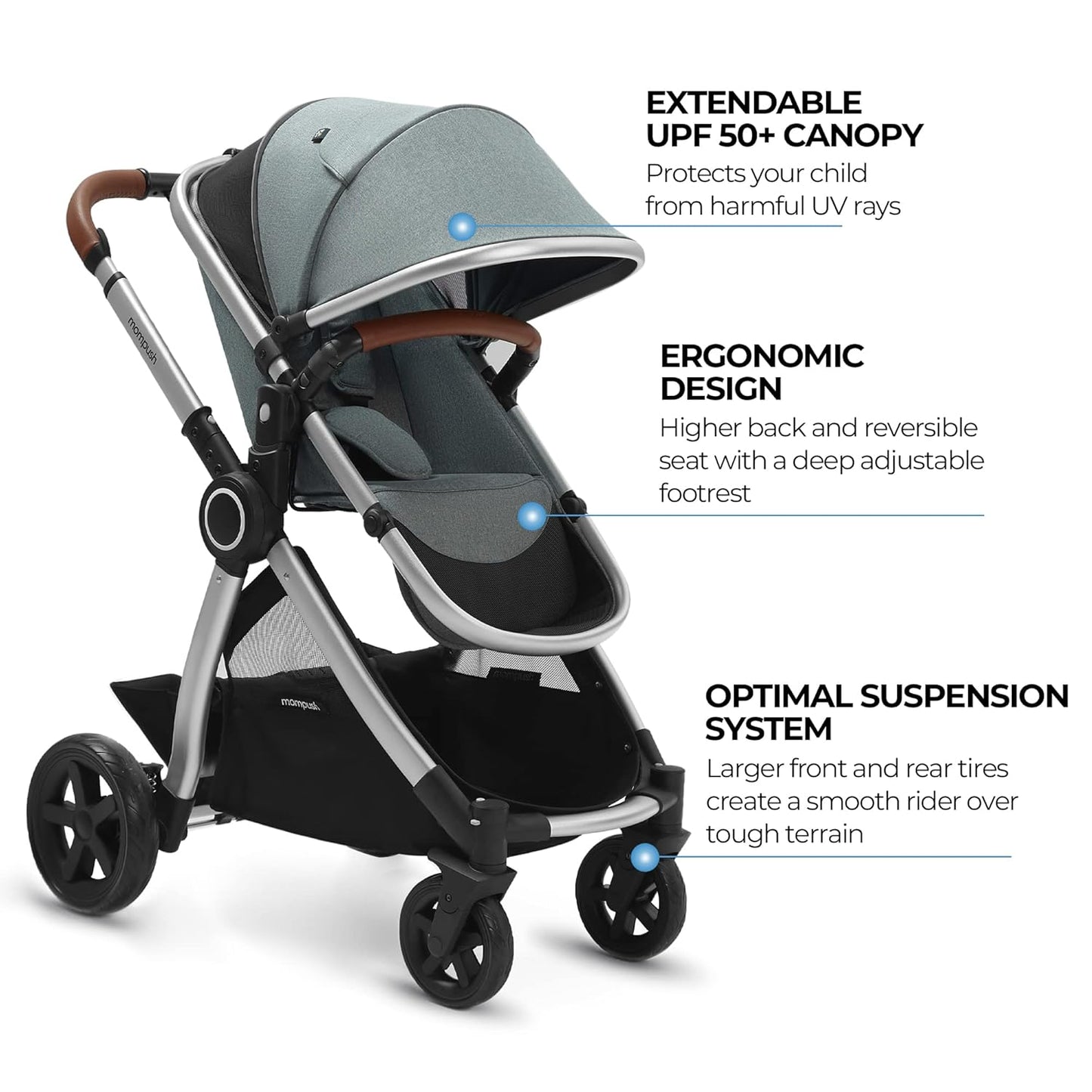 Mompush Ultimate2 Baby Stroller, Premium Convertible Full-Size Stroller for Toddler, Reversible Seat with One Hand Recline Adjustment, Car Seat Adapter Included