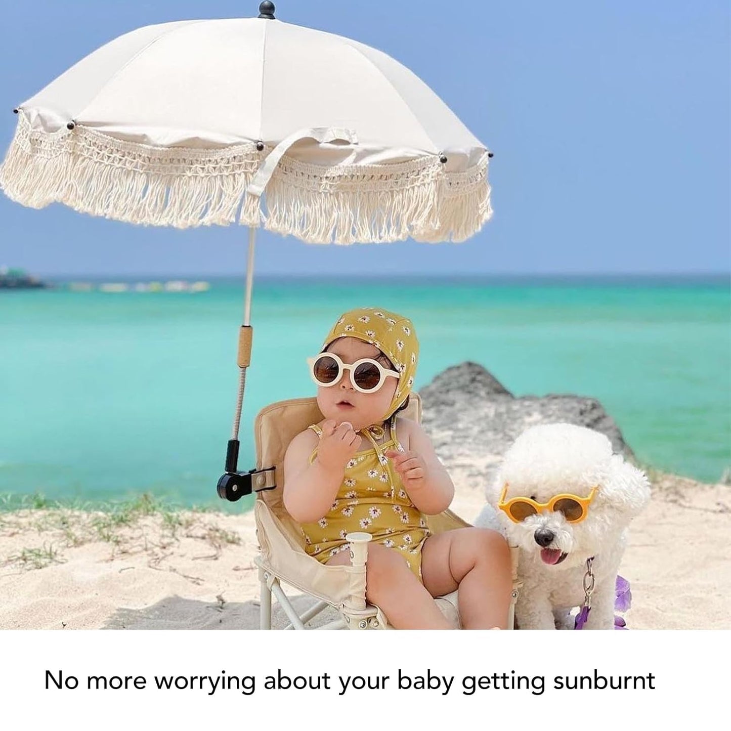 Baby Outdoor Parasols, Baby Stroller Parasol Umbrella with Adjustable Clamp, Toddler Umbrella for Trolley Wheelchair Beach Chair, Outdoor Activities (Beige)