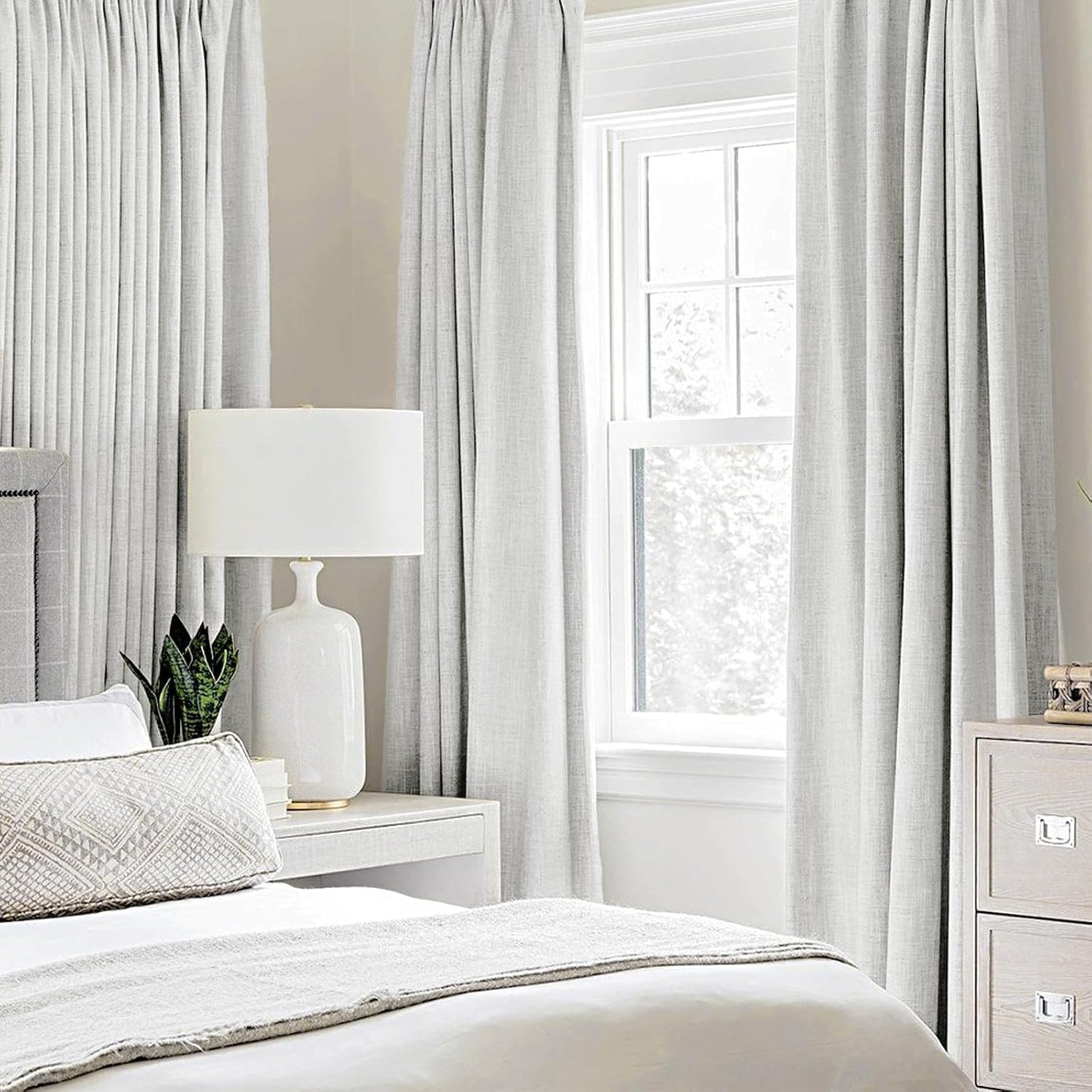 MIULEE Linen Textured Curtains Solid 100% Blackout for Bedroom Thermal Insulated Heathered White Grommet Room Darkening Curtains & Drapes Luxury Decor for Living Room Nursery 52 x 72 Inch (2 Panels)