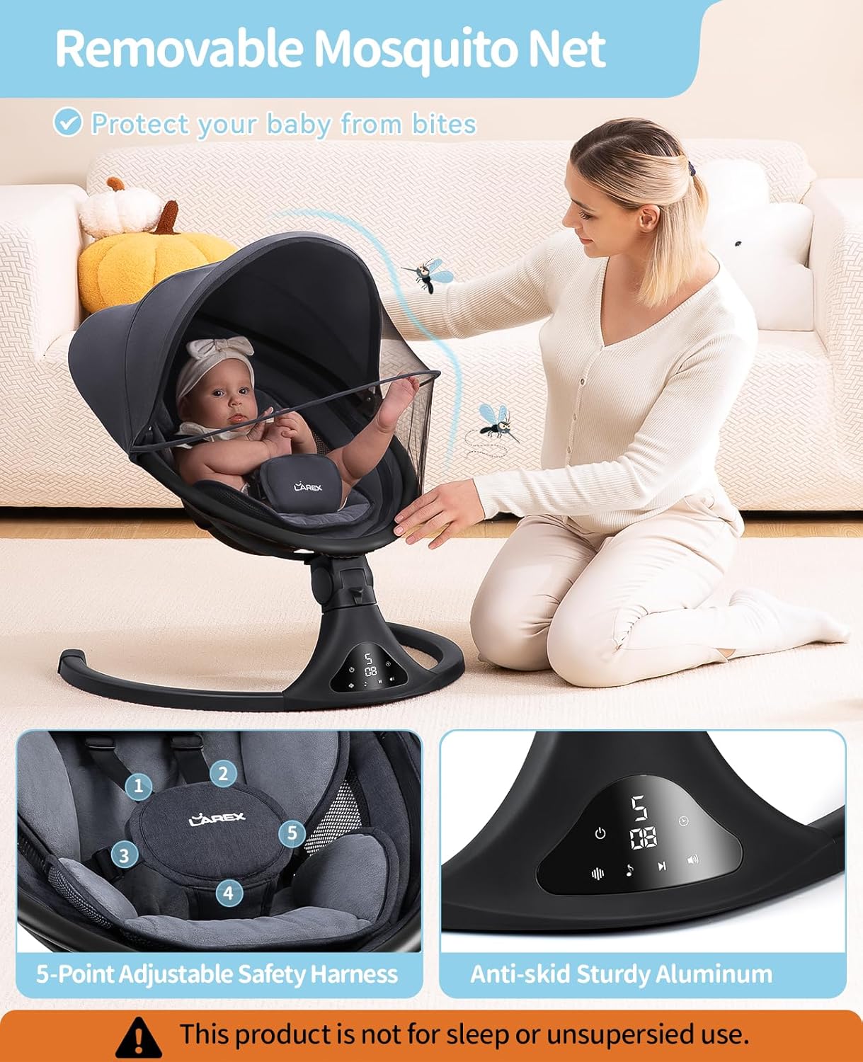 LAREX Baby Swing to Toddler Electric Infant Swing Portable for Newborn Boy Girl, 5 Sway Speeds with Remote Control, 12 Preset Melodies and Bluetooth, 0-6 Months Max 20 Lbs (2024 Model-Black)