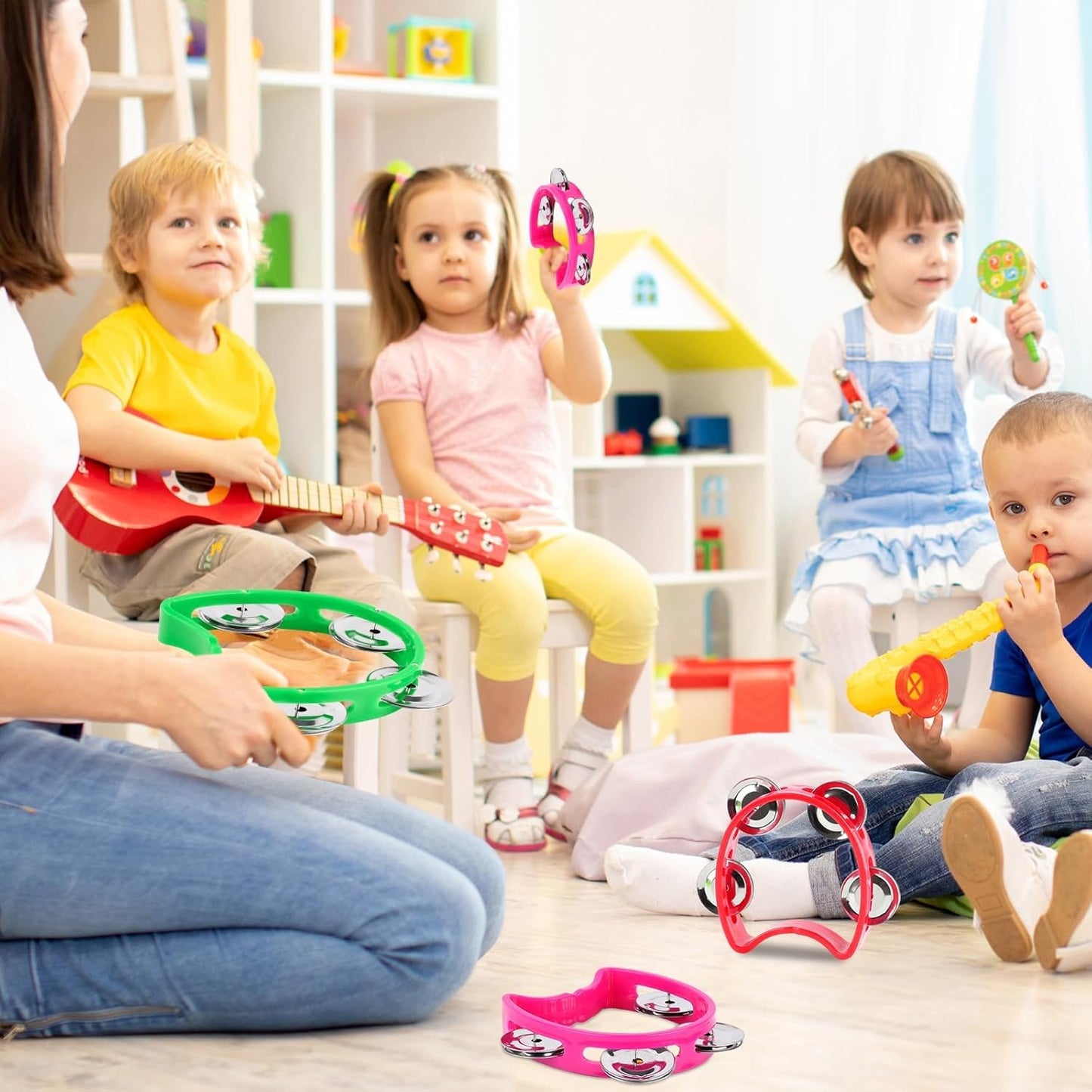 24 PCS Multicolored Tambourines for Kids - 4 Bells Handheld Musical Instruments and Noise Makers Perfect for School Supplies Church Kindergarten Weddings Christmas Parties and Group Performances