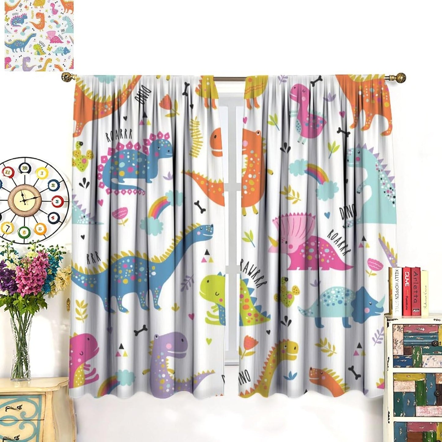 Cartoon Dinosaur Curtains for Kids Boys Girls Home Decor Childish Cute Dino Animals Print Pattern Rod Pocket Blackout Window Drapes for Nursery Baby Bedroom Playroom W27.5xL63in 2 Panels