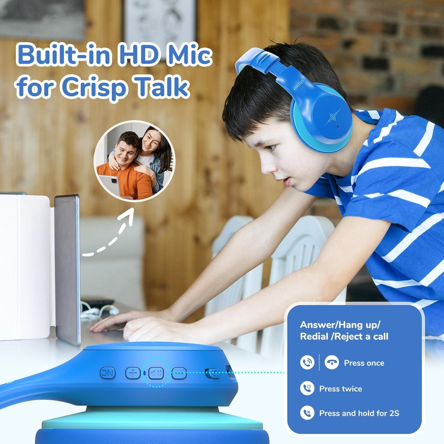 EarFun K4NC Active Noise Cancelling Headphones for Kids, 120H Playtime, 74/85/94dBA Volume Limited, Kids Bluetooth Headphones with Mic, Bluetooth 5.4, Stereo Sound Kid Headset for School/Home/Travel