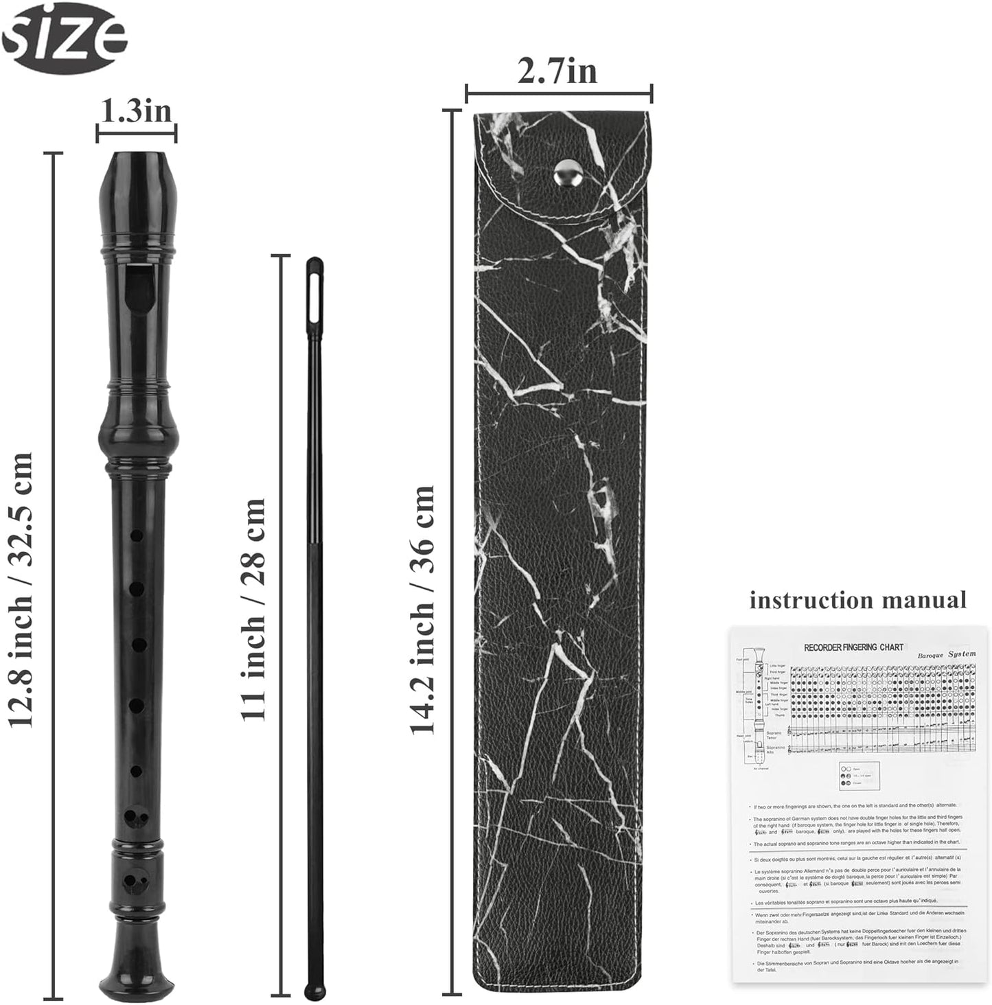 Recorder Instrument for Beginner Kids Adults,8-Hole Soprano Descant Recorder Music Flute with with Cleaning Rod & Leather Case For School Student Home Entertainment(2-Black Marble)