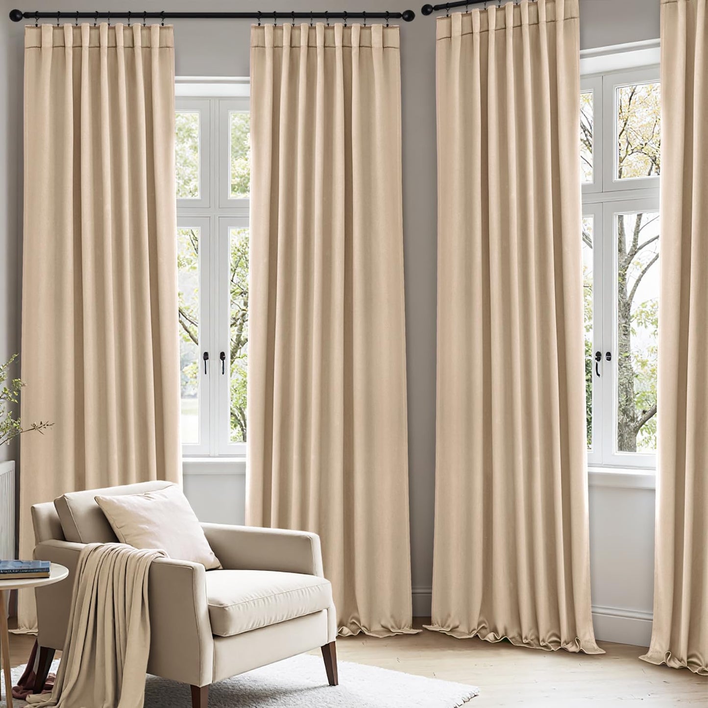 ANRODUO Back Tab Blackout Curtains for Bedroom Living Room, Rod Pocket Pinch Pleated Thermal Insulated Room Darkening Curtains 72 Inches Long 2 Panels, Beige, 42 x 72 Inch