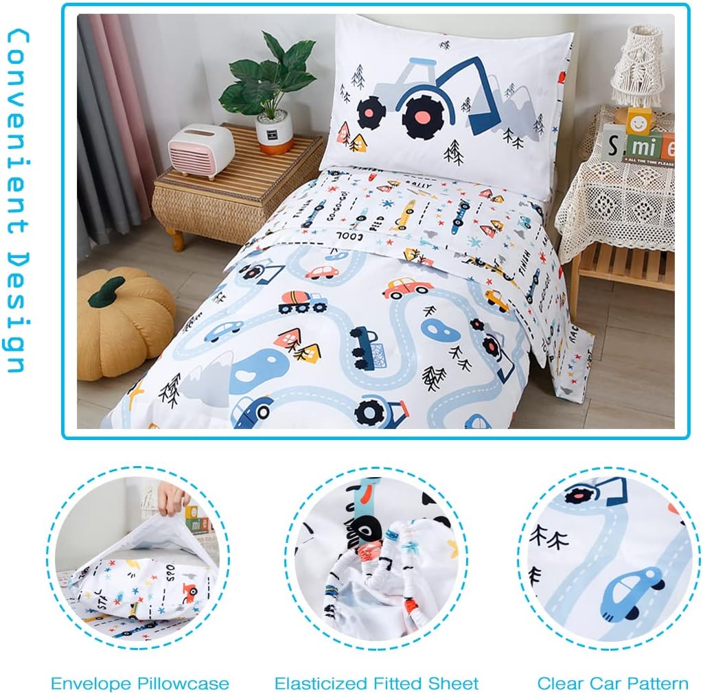 PERFEMET 5-Piece Kids Comforter Full Size Set Reversible Trucks Cars Bedding Comforter Set for Boys Girls Ultra Soft Lightweight Blue White Boy Bed in a Bag for All Season(Cars, Full)
