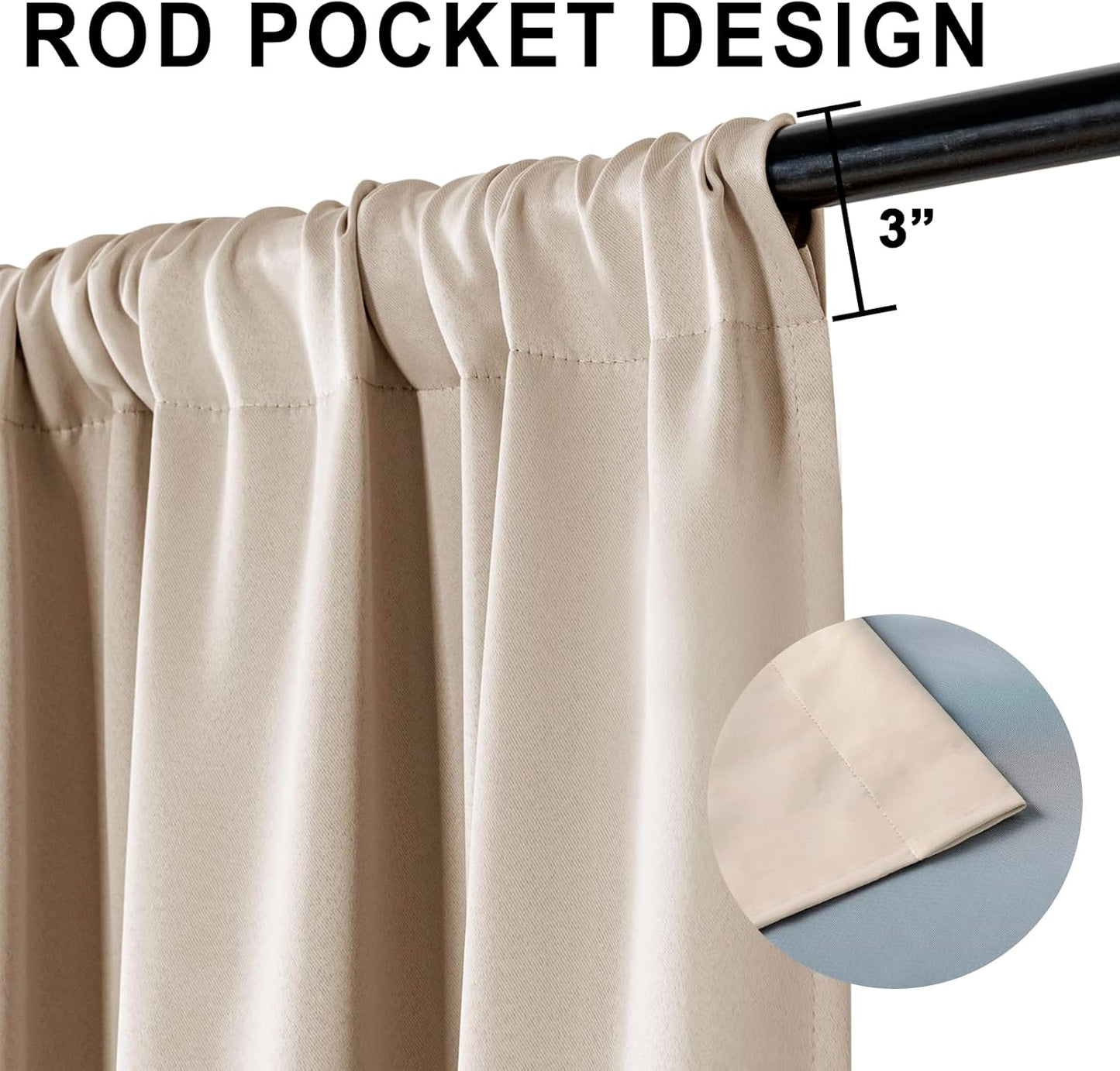 XWZO 100% Beige Blackout Window Curtains with Tiebacks- Noise Reduction and Light Blocking Rod Pocket Curtains with Black Liner for Studio, Basement Room, Biscotti Beige, W42 x L45, Set of 2 Panels