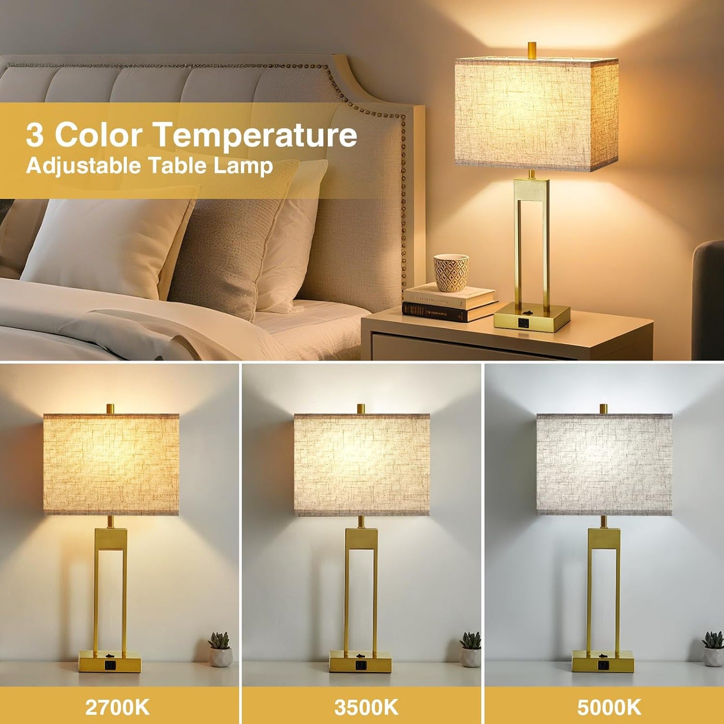 25.5" Nightstand Table Lamps for Bedrooms Set of 2, Bedside Lamp with USB C+A, 3 Colors Changeable Living Room Lamp, Modern Night Stand Lamps for Bed Side Guest Room Reading, Gold