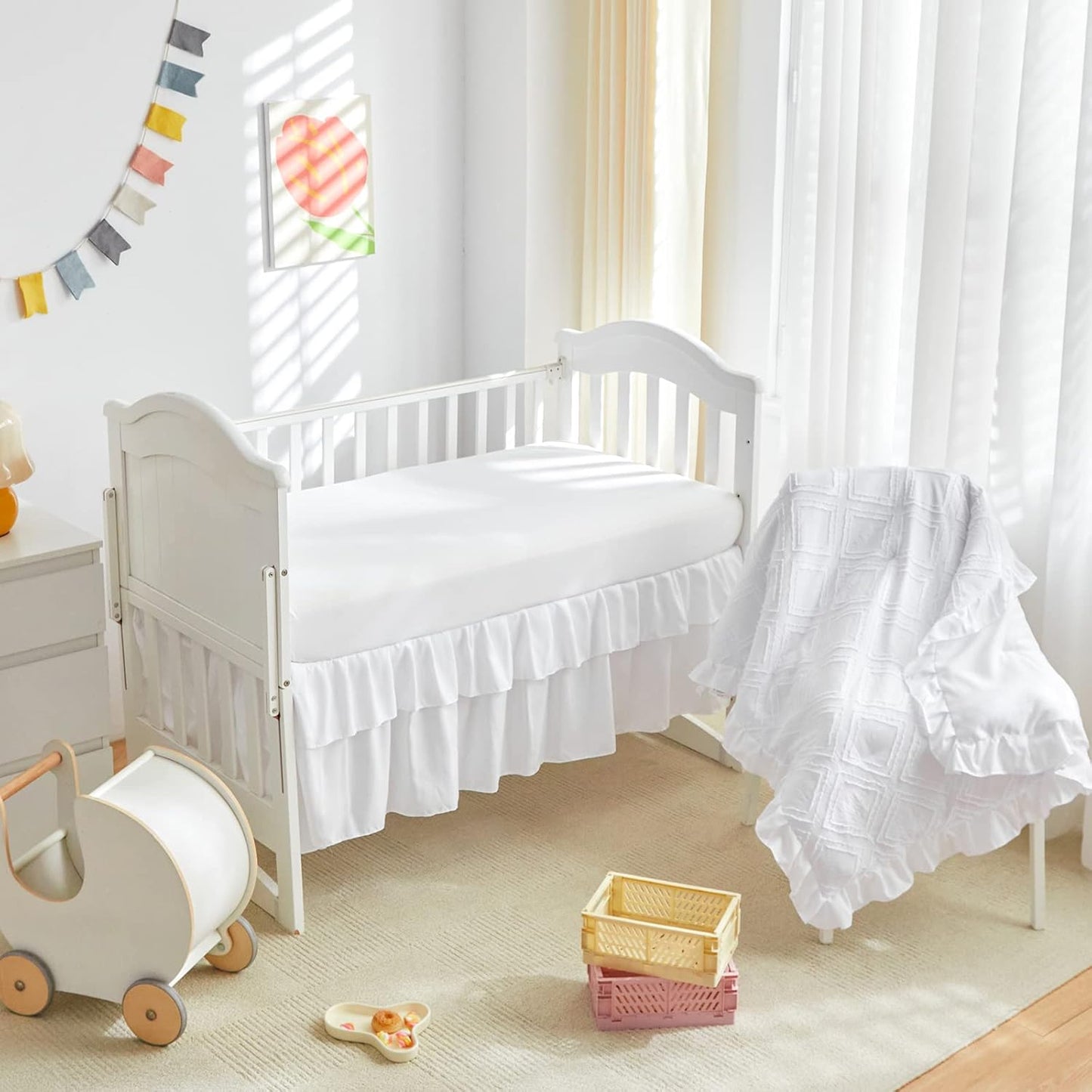 Tufted Ruffle Crib Bedding Set 3 Pieces Baby Boho Quilted Comforter with Fitted Sheet and Bed Skirt - Cute Ruffled Shabby Chic Baby Bedding Soft Blanket Design White