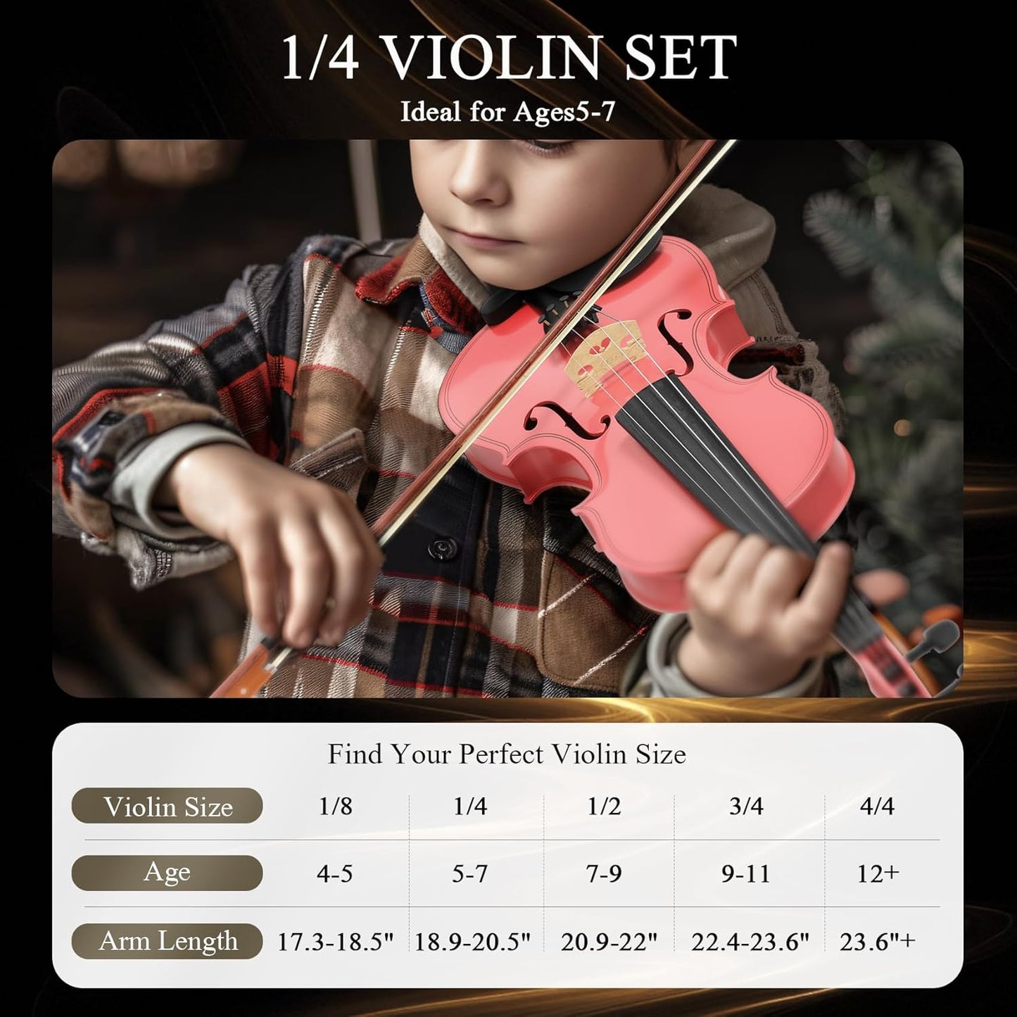 1/4 Beginner Violin Kit, Complete Violin Set with Case, Bow, Rosin, Pink