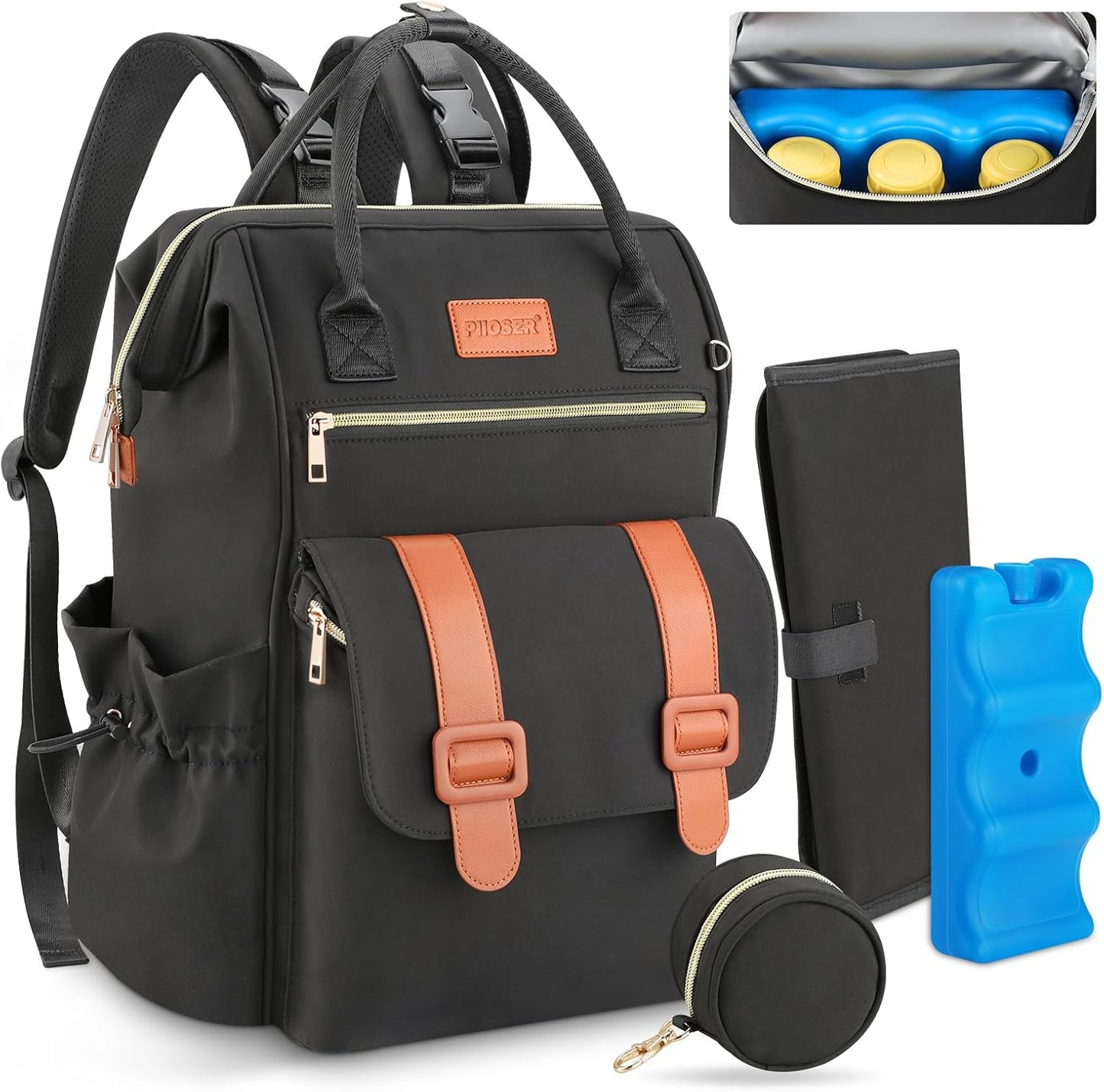 PIIOSER Diaper Bag Tote with Ice Pack, Large Capacity & Waterproof Diaper Bag Backpack for Moms Dads, Insulated Baby Tote Bag with Changing Pad, Stroller Straps & Pacifier Case, Black
