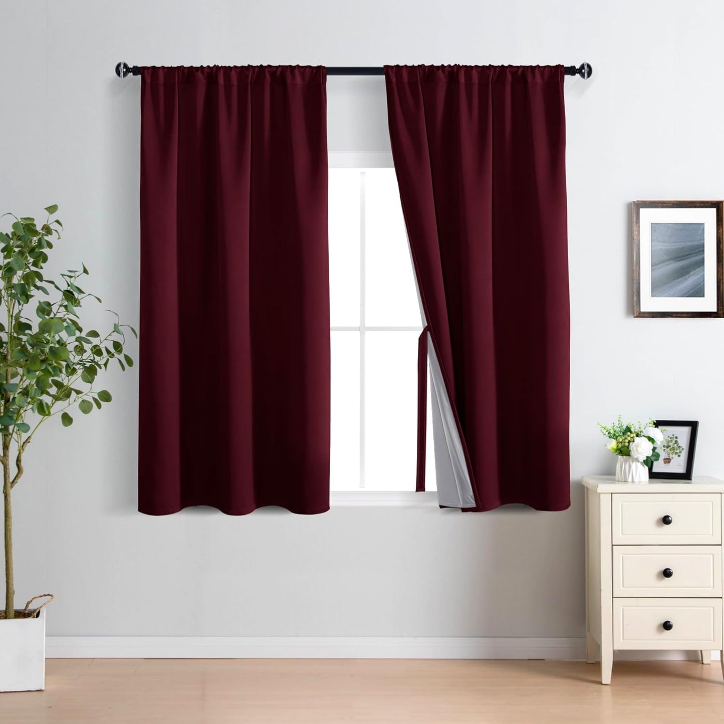 XWZO Full Shading Blackout Curtains 54 Inches Length - Heat and Light Blocking Rod Pocket Window Drapes with Black Liner Backing for Bedroom Sewn with Tiebacks, Burgundy, W42 x L54, Set of 2 Panels