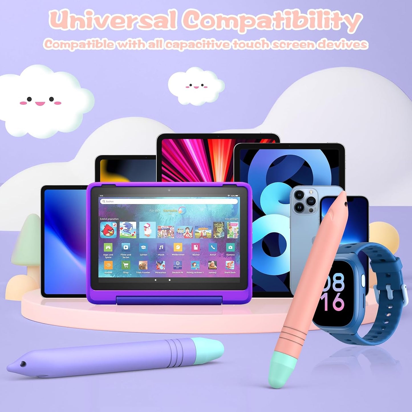 Stylus Pens for Kids, MEKO 2 Pack Kid-Friendly Tablet Pen with Tethers Work for Amazon Fire Tablet, iPad, iPhone, Android Tablets, All Touchscreen Devices (Pink+Purple)