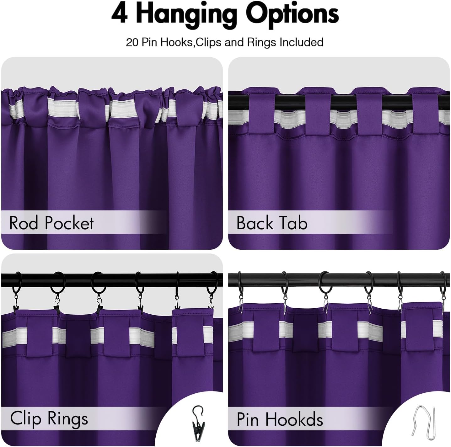 ANRODUO Back Tab Blackout Curtains for Bedroom Living Room, Rod Pocket Pinch Pleated Thermal Insulated Room Darkening Curtains 96 Inches Long 2 Panels, Purple, 42 x 96 Inch