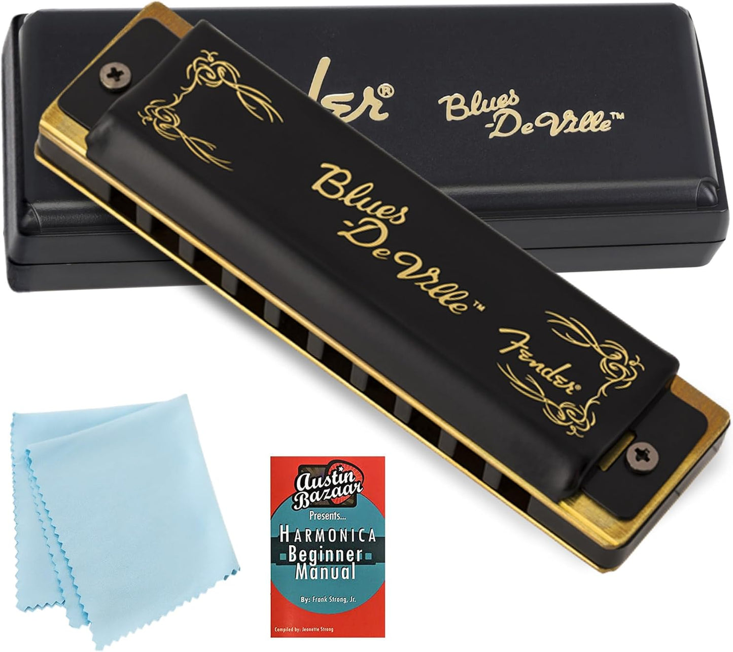Fender Blues DeVille Harmonica - Key of F Bundle with Carrying Case, Austin Bazaar Online Manual, and Polishing Cloth