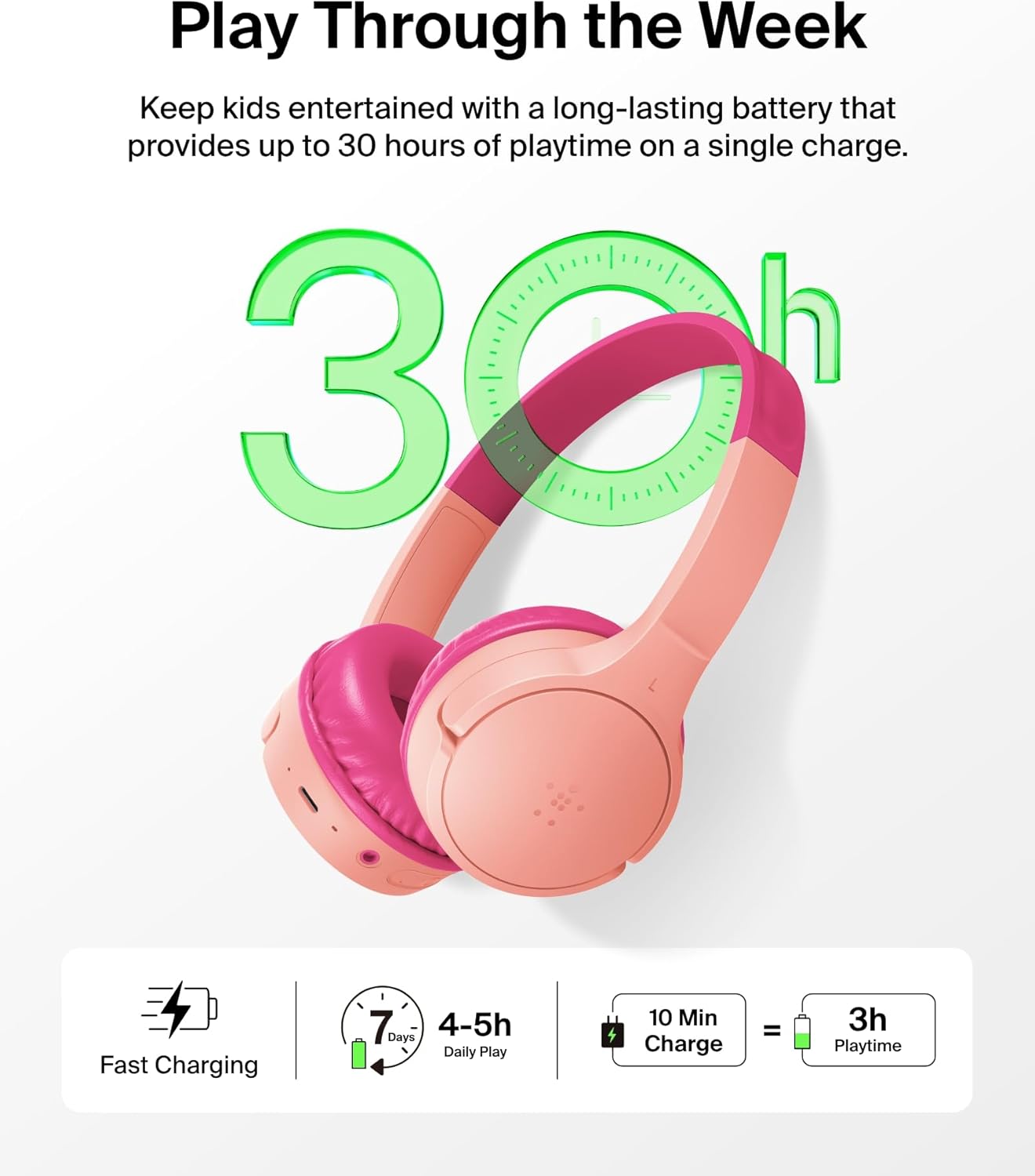 Belkin SoundForm Mini w/Case - Wireless Bluetooth Kids Headphones with 30H Battery Life, 85dB Safe Volume Limit, Built-in Microphone - Kids On-Ear Earphones for iPhone, iPad, & More - Pink