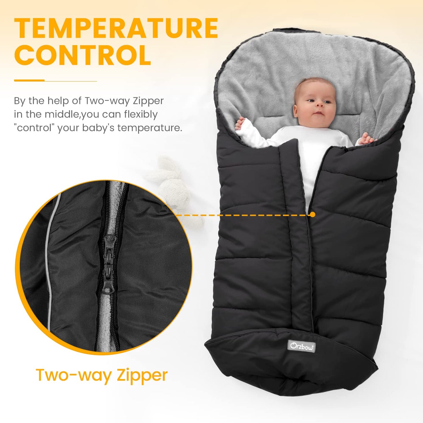 Orzbow Warm Bunting Bag Universal, Stroller Sleeping Bag Cold Weather, Waterproof Toddler Footmuff (Black, Large)