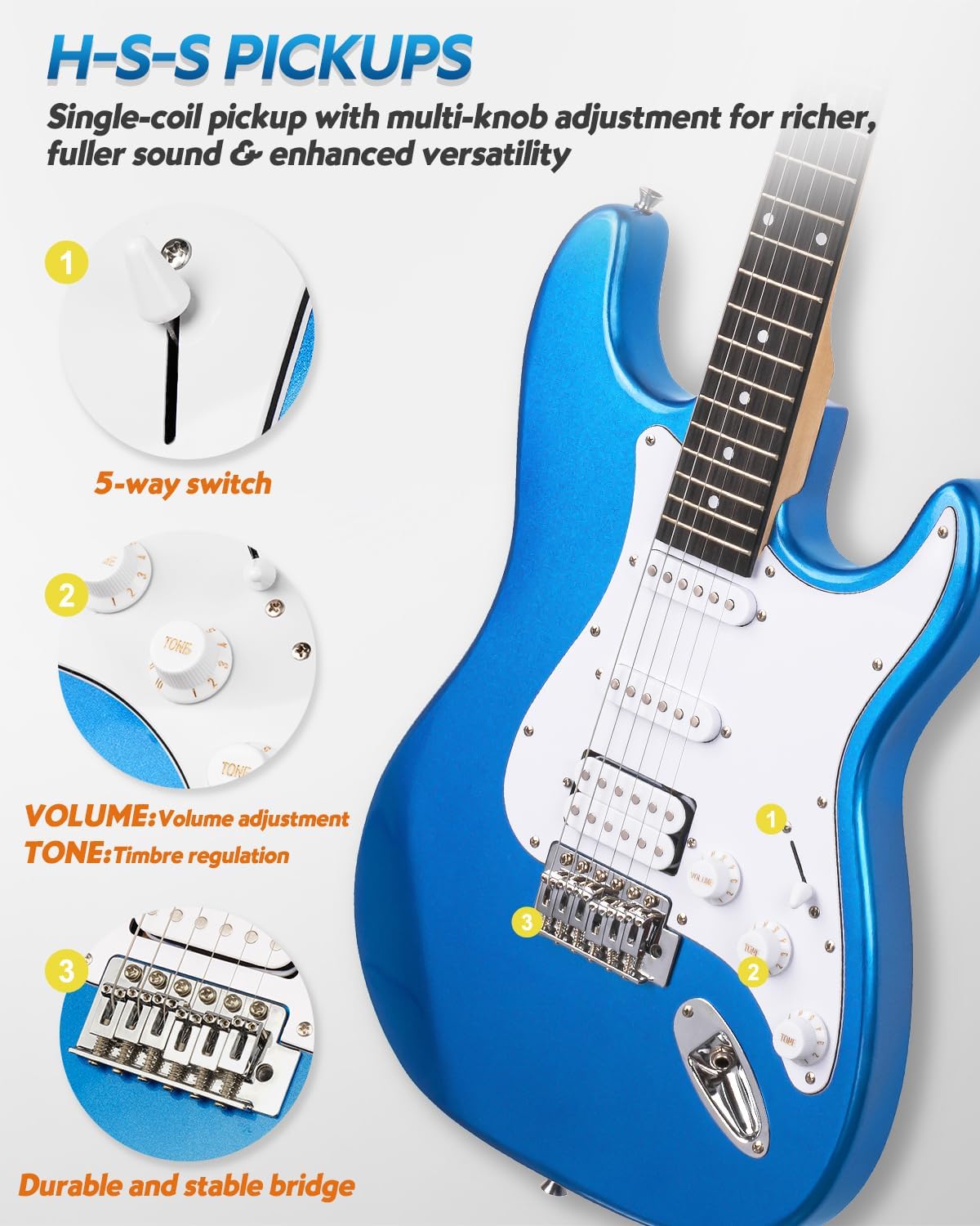 STRICH Electric Guitar Beginner Kit, Solid Body 39" Full Size Electric Guitar HSS Pick Up for Starter, with 10W Amp, Bag, Digital Tuner, Capo, Strap, String,Cable, Picks, SST-S20 Sapphire Blue
