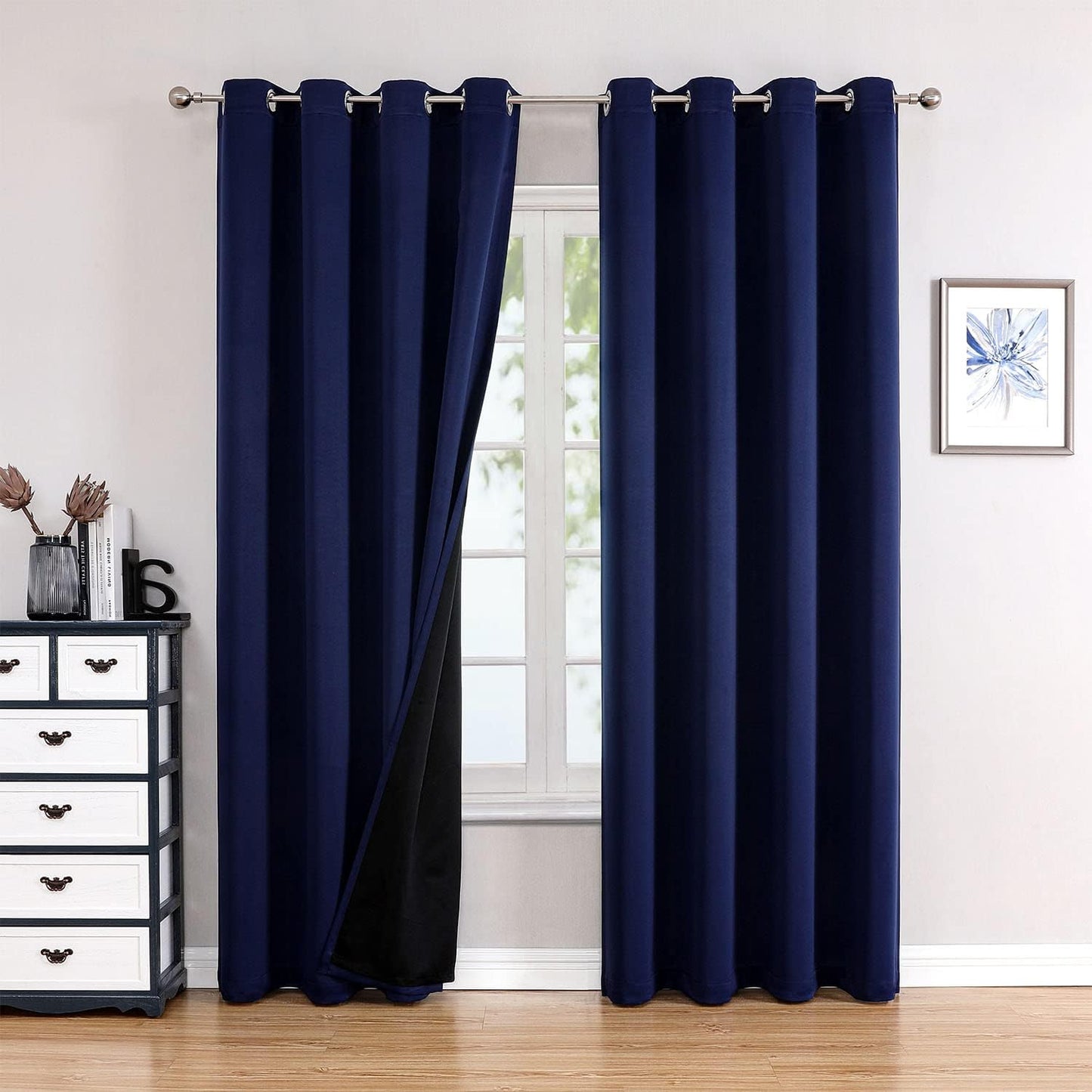 ChrisDowa 100% Blackout Curtains for Bedroom with Black Liner, 2 Thick Layers Total Blackout Thermal Insulated Grommet Window Curtains 2 Panels Set (Navy Blue, 52 x 84 Inch)
