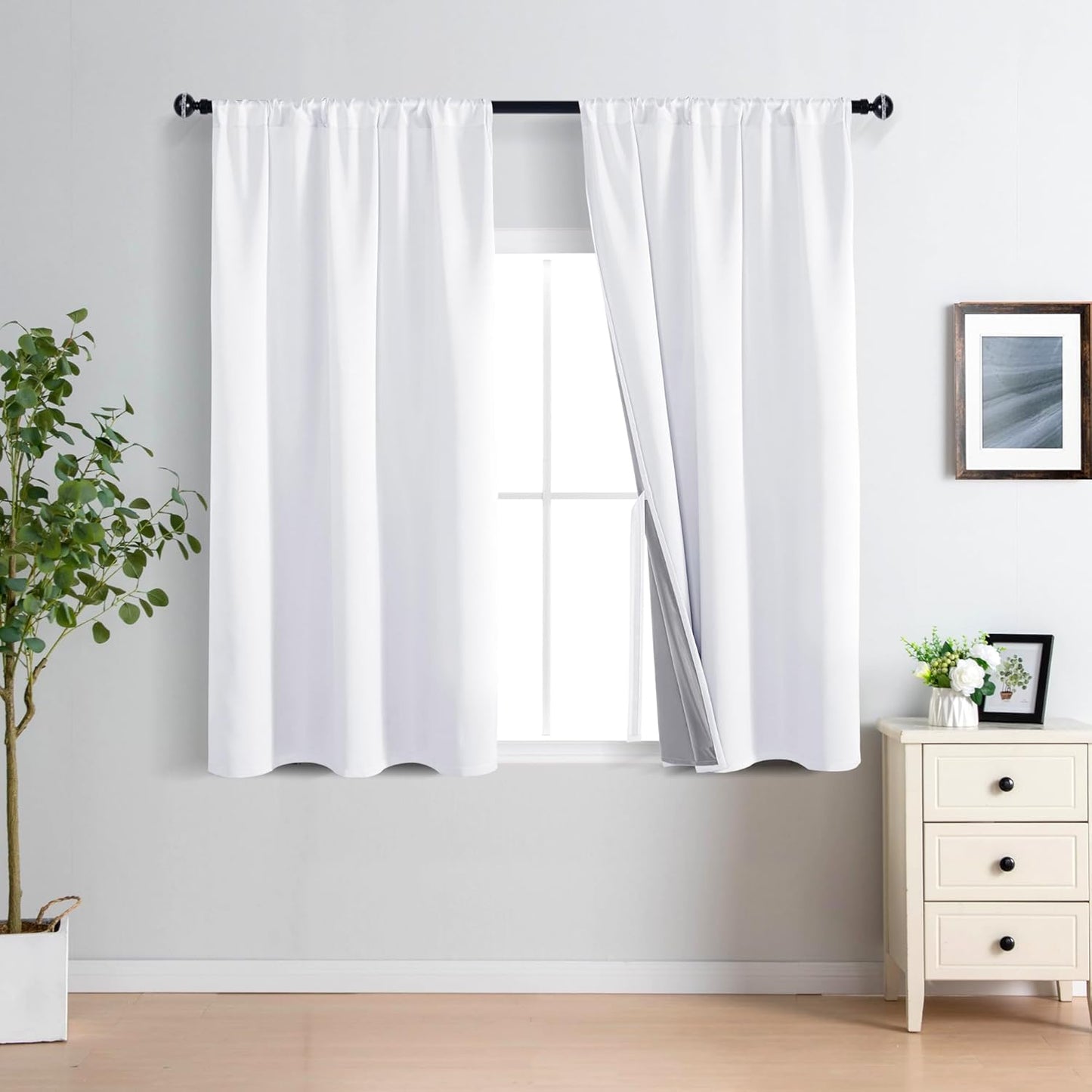 XWZO White 100% Blackout Curtains - Heat and Full Light Blocking Drapes with Black Liner for Bedroom/Laundry Room, Rod Pocket Window Panels with Tiebacks, White, W38 x L45, Set of 2