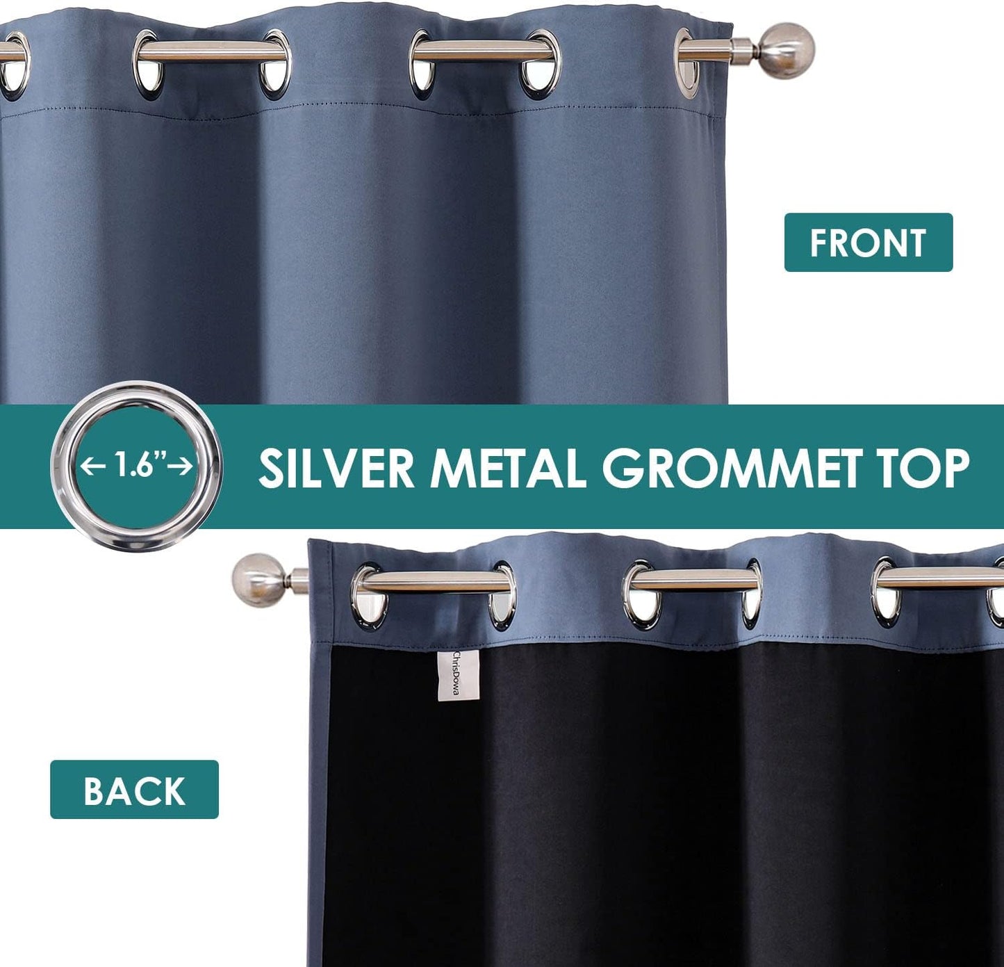 ChrisDowa 100% Blackout Curtains for Bedroom with Black Liner, 2 Thick Layers Total Blackout Thermal Insulated Grommet Small Window Curtains 2 Panels Set (Stone Blue, 42 x 45 Inch)