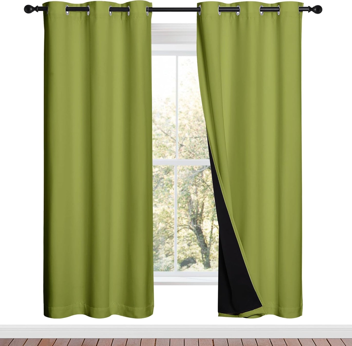 NICETOWN 100% Blackout Window Curtain Panels, Fresh Green, 2 Pieces, 42-inch Wide Per Panel, Full Light Blocking Drapes with Black Liner for Nursery, 72-inch Drop Thermal Insulated Draperies