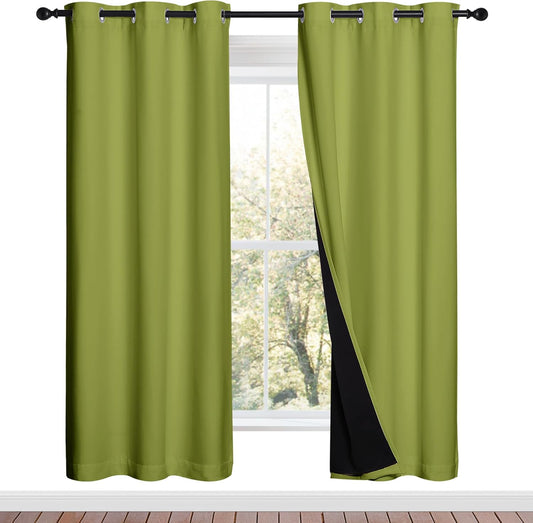 NICETOWN 100% Blackout Window Curtain Panels, Fresh Green, 2 Pieces, 42-inch Wide Per Panel, Full Light Blocking Drapes with Black Liner for Nursery, 72-inch Drop Thermal Insulated Draperies