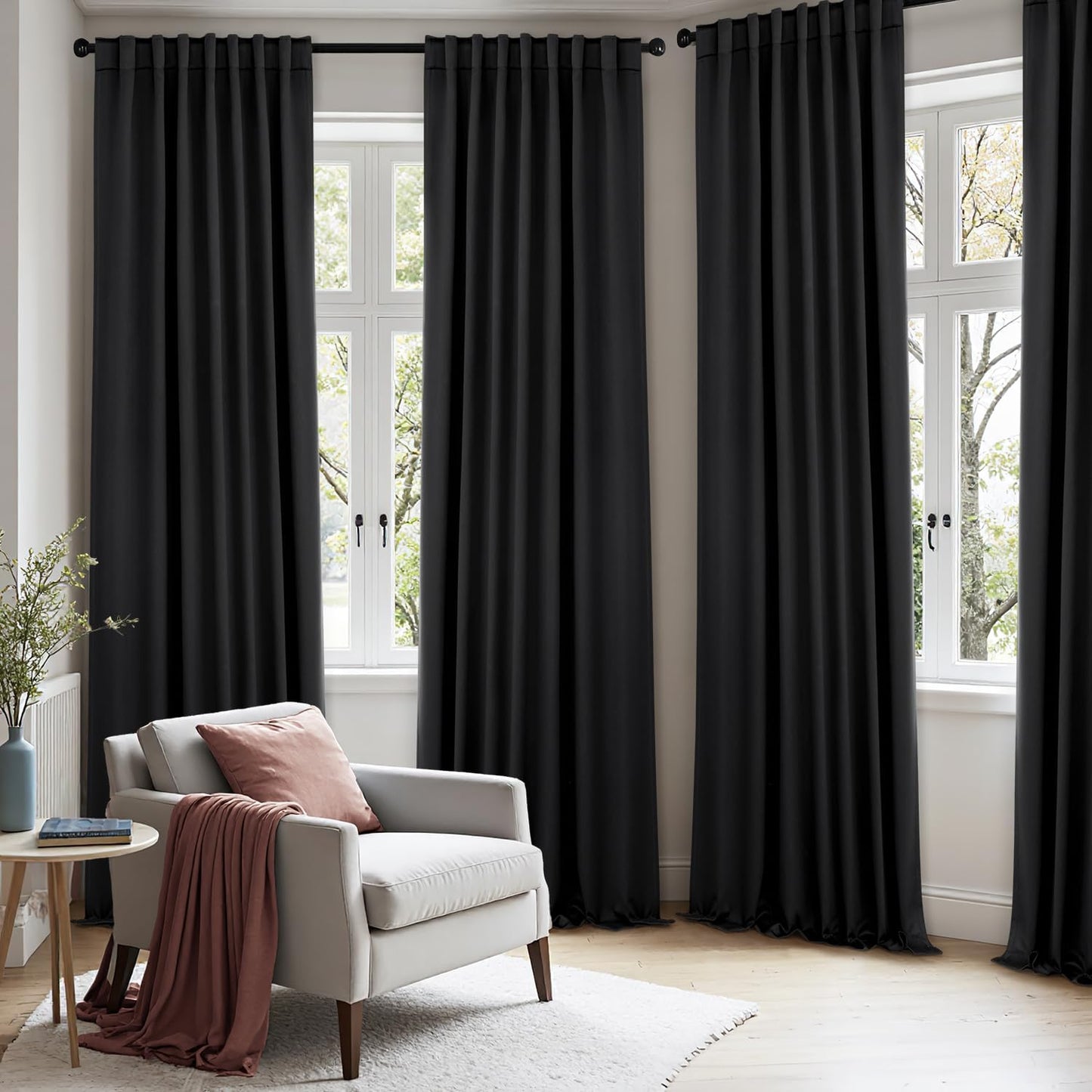 ANRODUO Back Tab Blackout Curtains for Bedroom Living Room, Rod Pocket Pinch Pleated Thermal Insulated Room Darkening Curtains 90 Inches Long 2 Panels, Black, 52 x 90 Inch