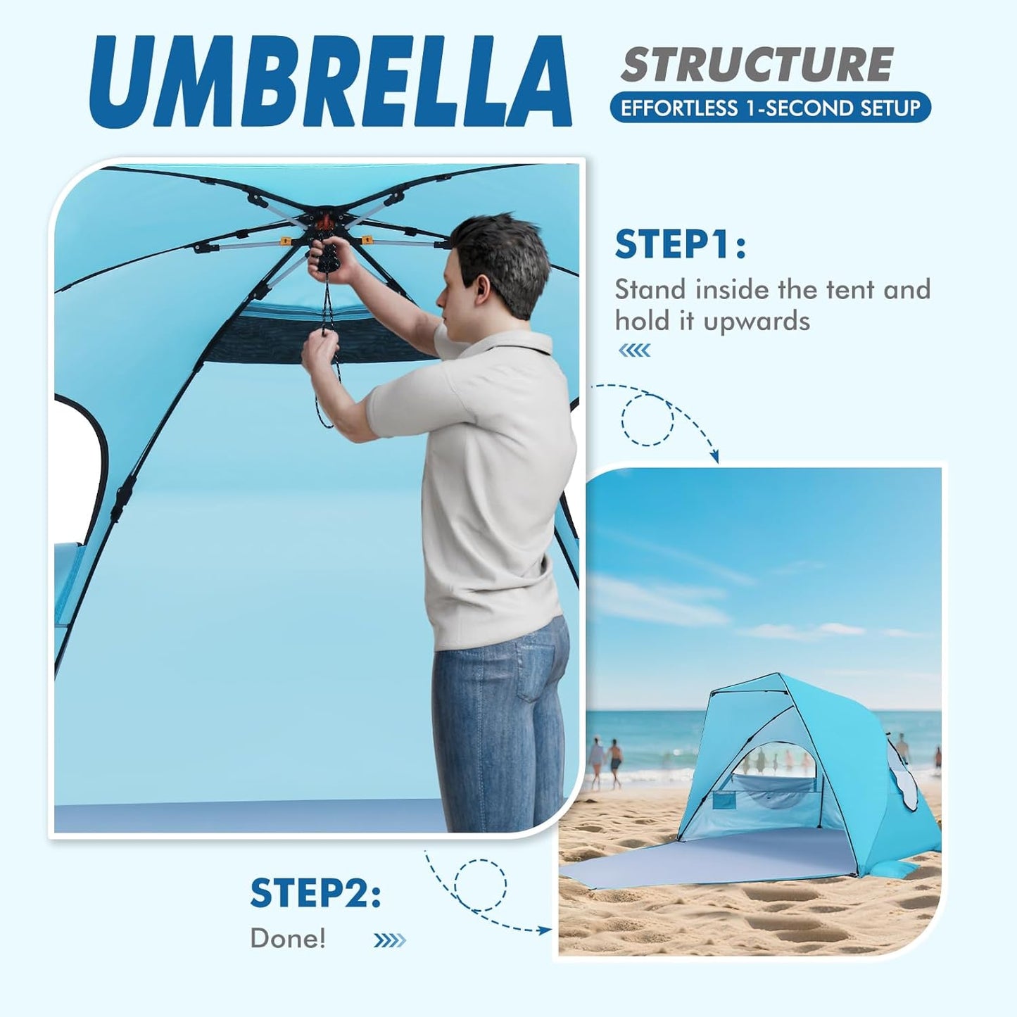 Elegear Beach Tent with Canopy, 1-Second Setup Pop Up Sun Shelter Shade, UPF 50+ UV Protection Silver-Coated Lightweight Portable Beach Cabana